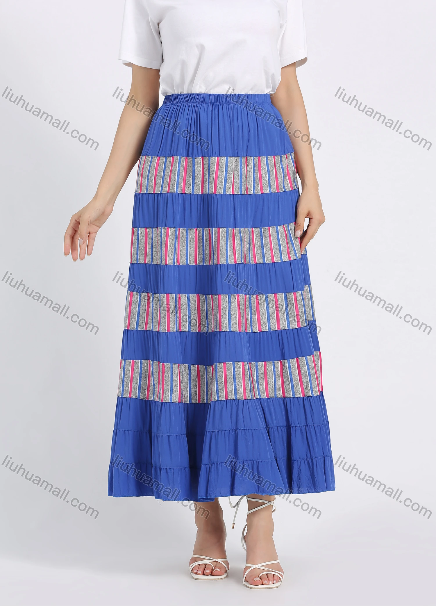 Wholesale Women's Cotton Casual Stripe Splicing Elastic Waist Maxi Skirt - Liuhuamall