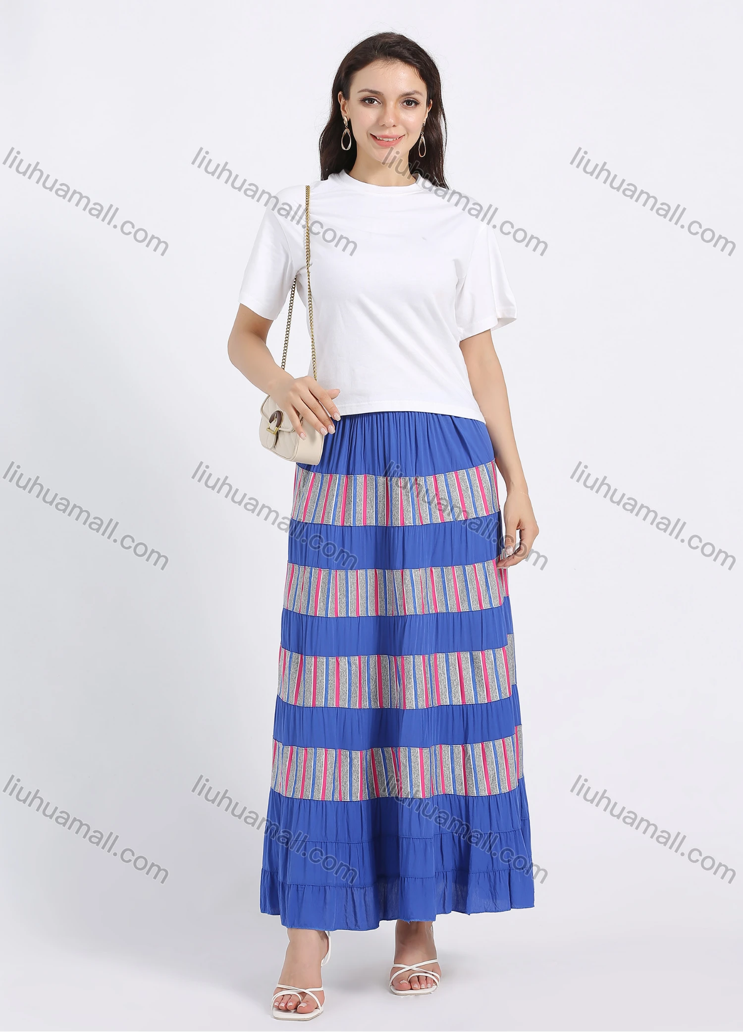 Wholesale Women's Cotton Casual Stripe Splicing Elastic Waist Maxi Skirt - Liuhuamall
