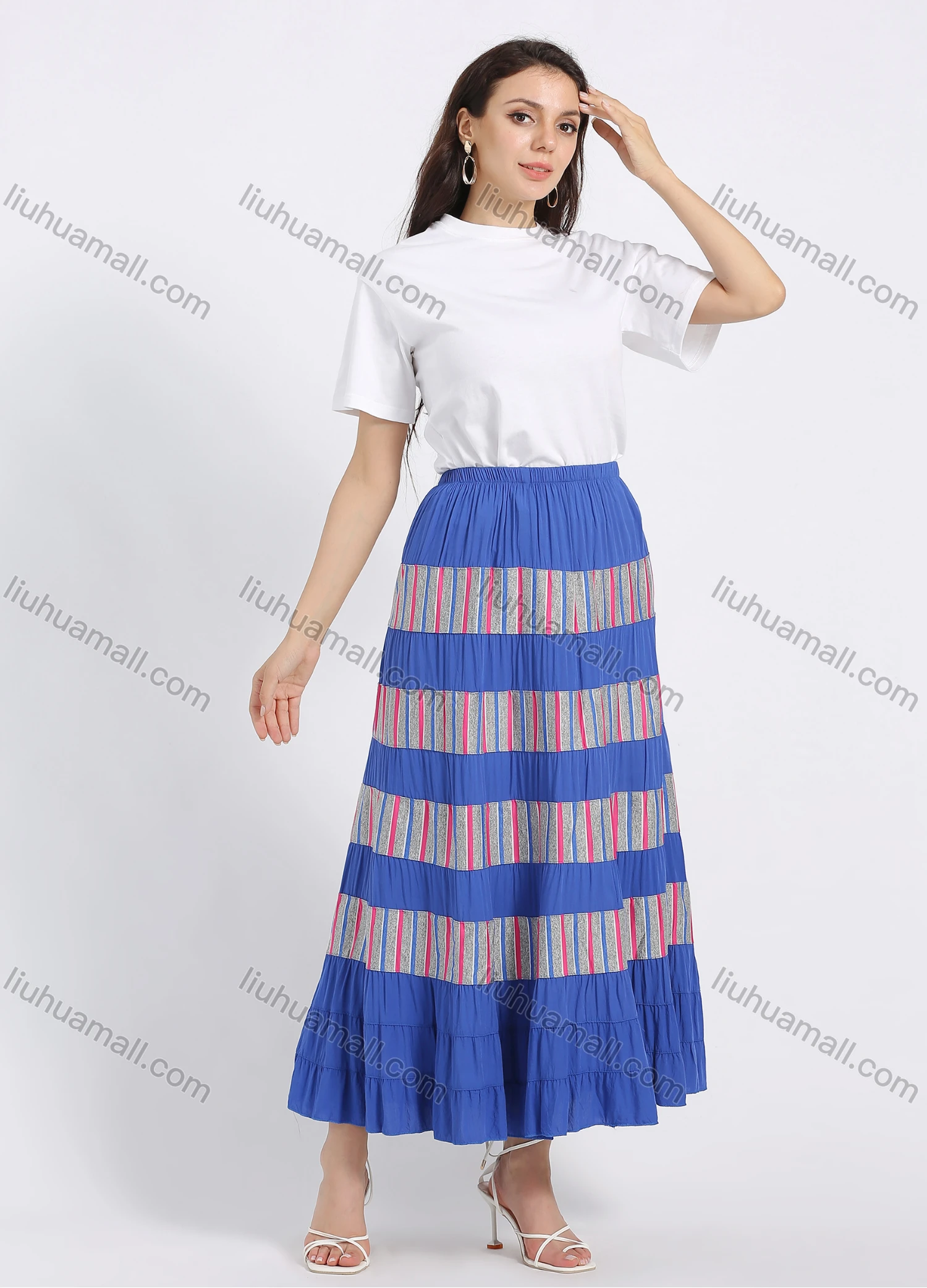 Wholesale Women's Cotton Casual Stripe Splicing Elastic Waist Maxi Skirt - Liuhuamall
