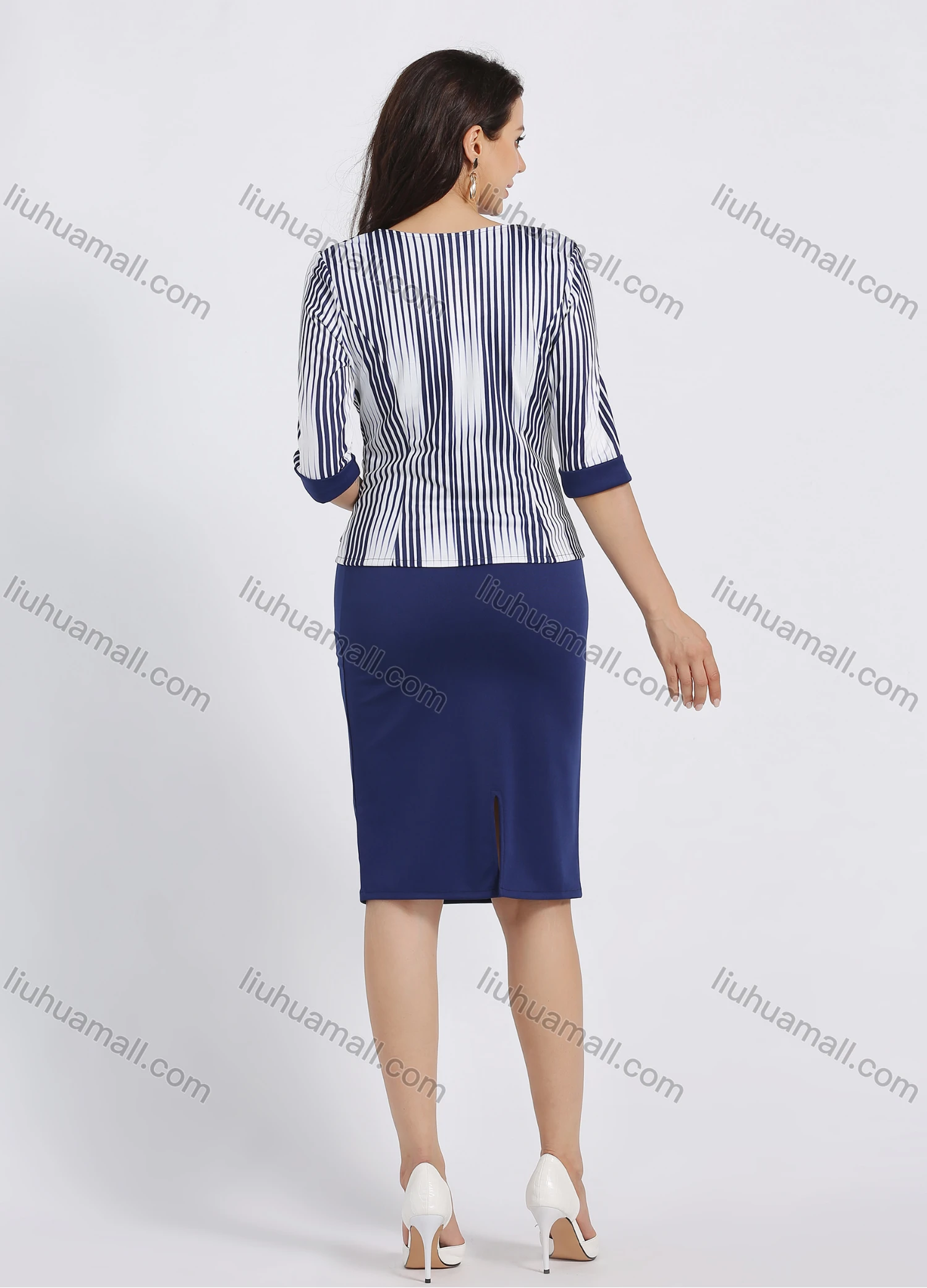 Wholesale Women's Business Striped Splicing Sleeveless High Waist Tank Dress With Cardigan 2 Piece Set - Liuhuamall