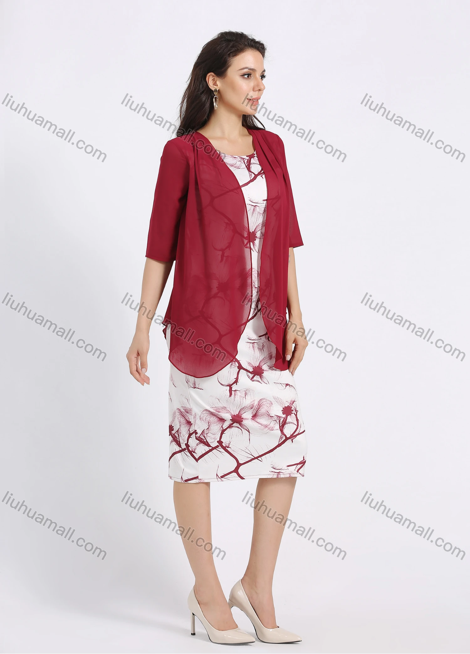 Wholesale Women's Elegant Half Sleeve Sheer Ruffle Hem Cardigan Floral Print Sleeveless Pencil Dress 2 Piece Set - Liuhuamall