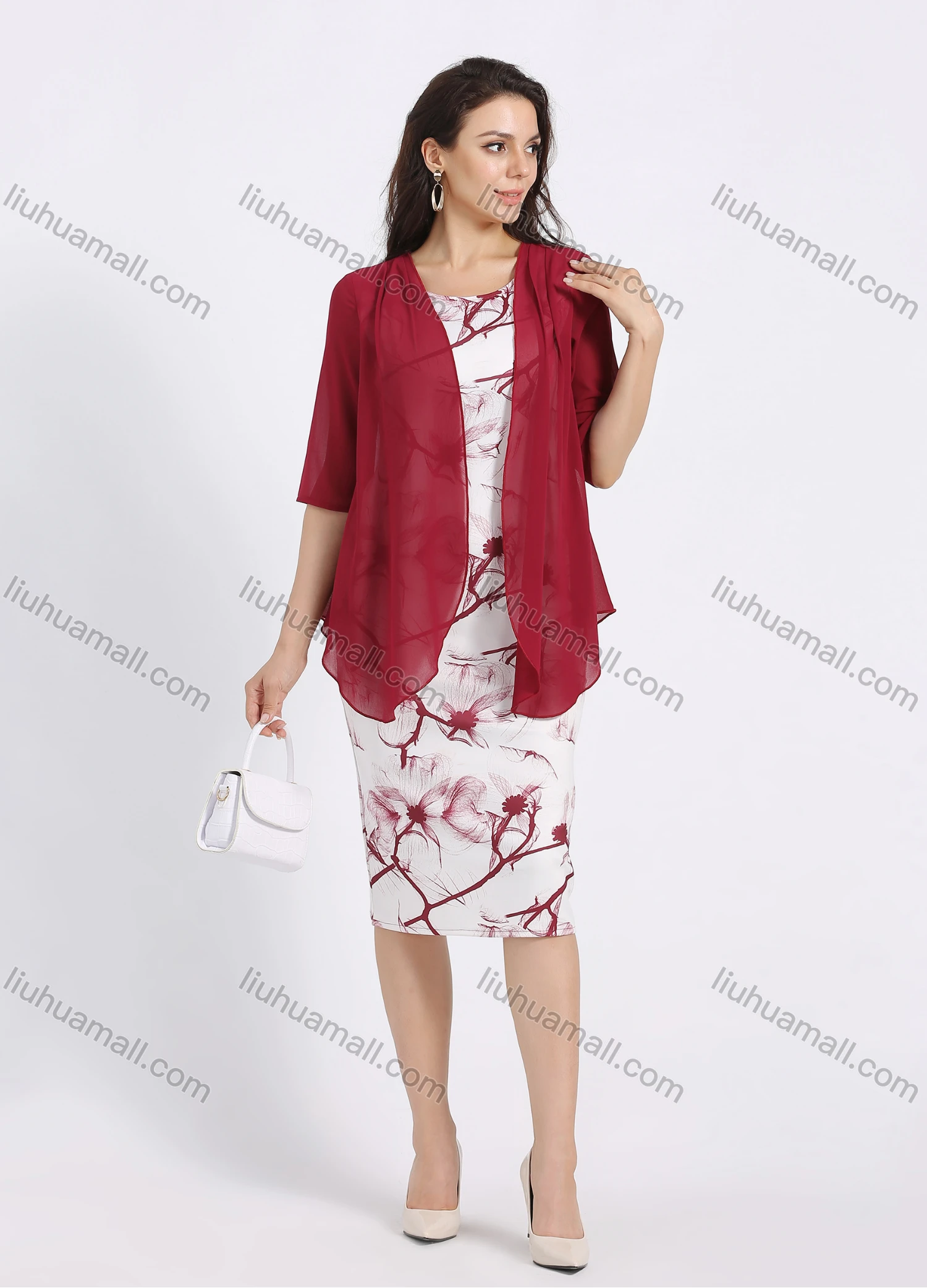 Wholesale Women's Elegant Half Sleeve Sheer Ruffle Hem Cardigan Floral Print Sleeveless Pencil Dress 2 Piece Set - Liuhuamall