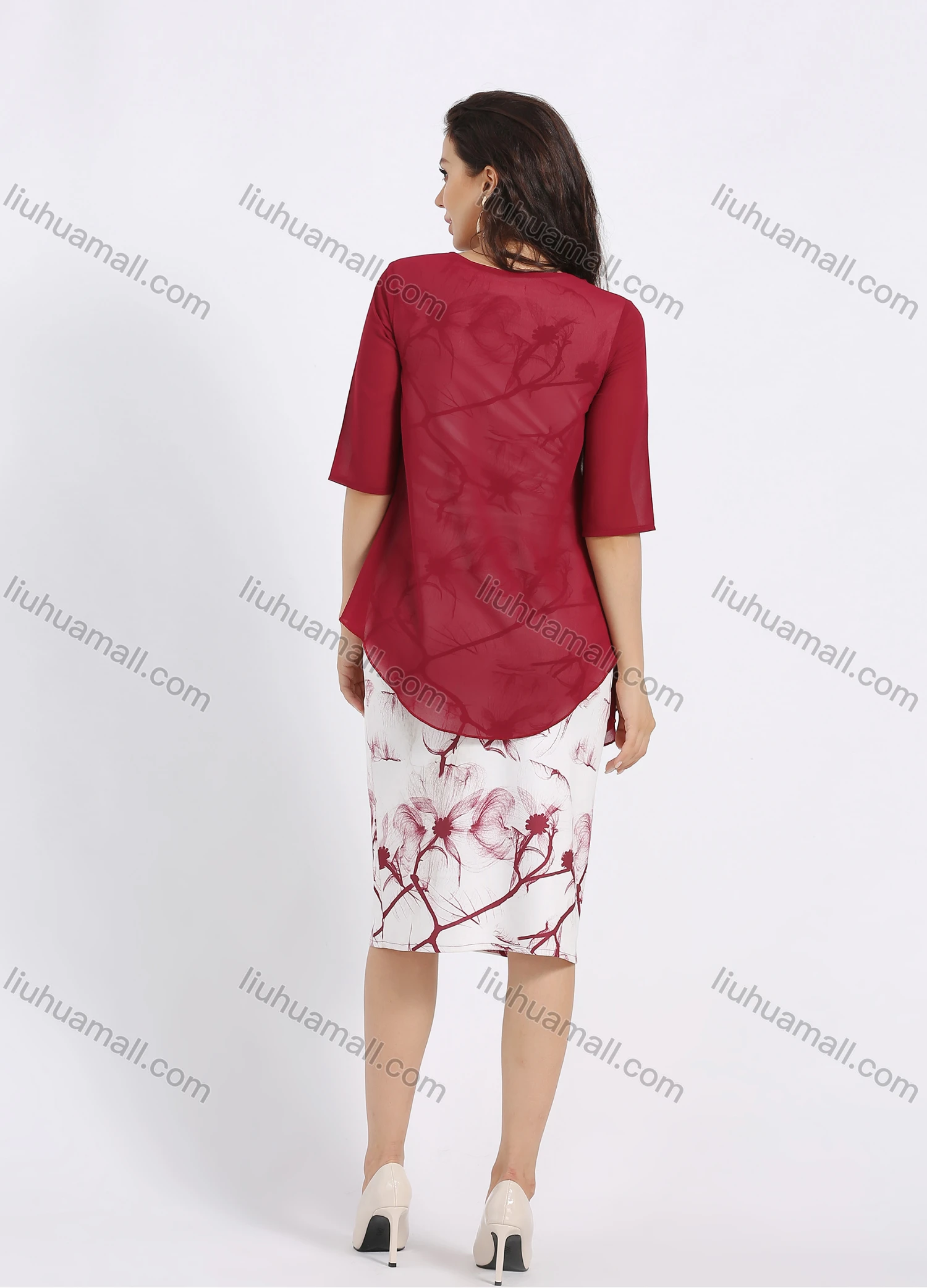 Wholesale Women's Elegant Half Sleeve Sheer Ruffle Hem Cardigan Floral Print Sleeveless Pencil Dress 2 Piece Set - Liuhuamall