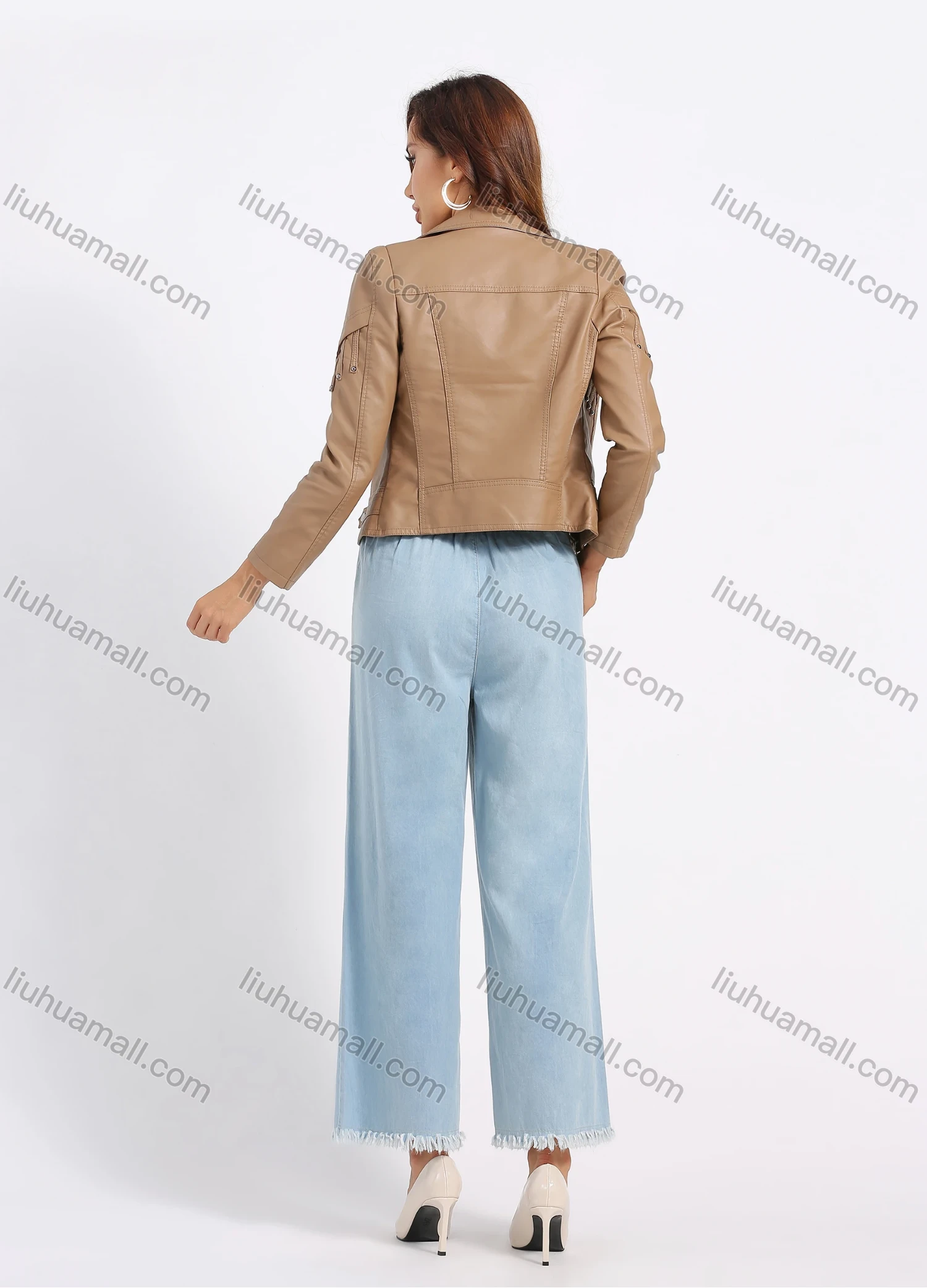 Wholesale Women's High Waist O-Ring Metal Decor Patch Pocket Distressed Frayed Raw Hem Casual Wide-leg Jeans - Liuhuamall