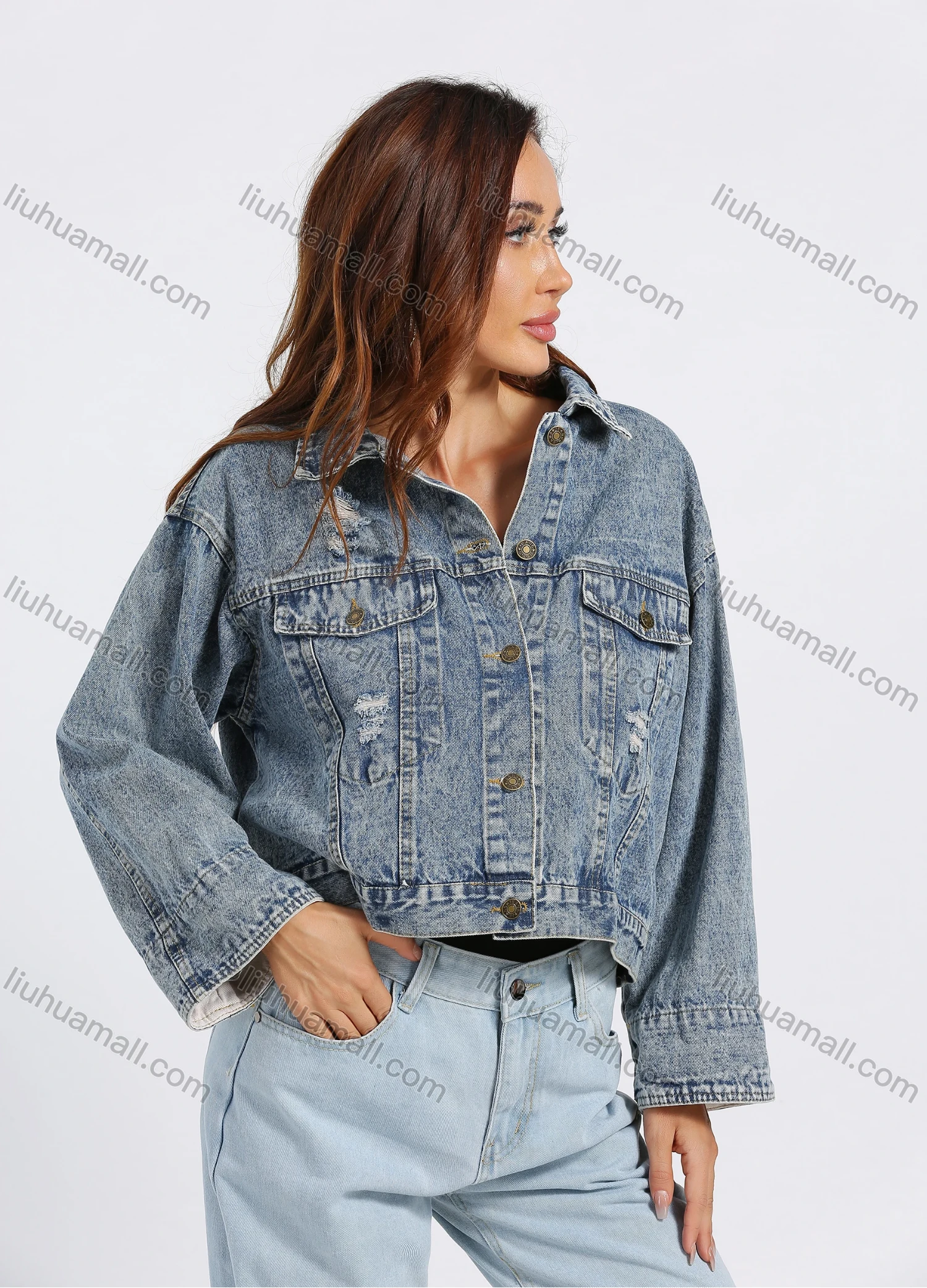 Wholesale Women's Fashion Loose Fit Distressed Button Letter Embroidery Crop Denim Jacket - Liuhuamall