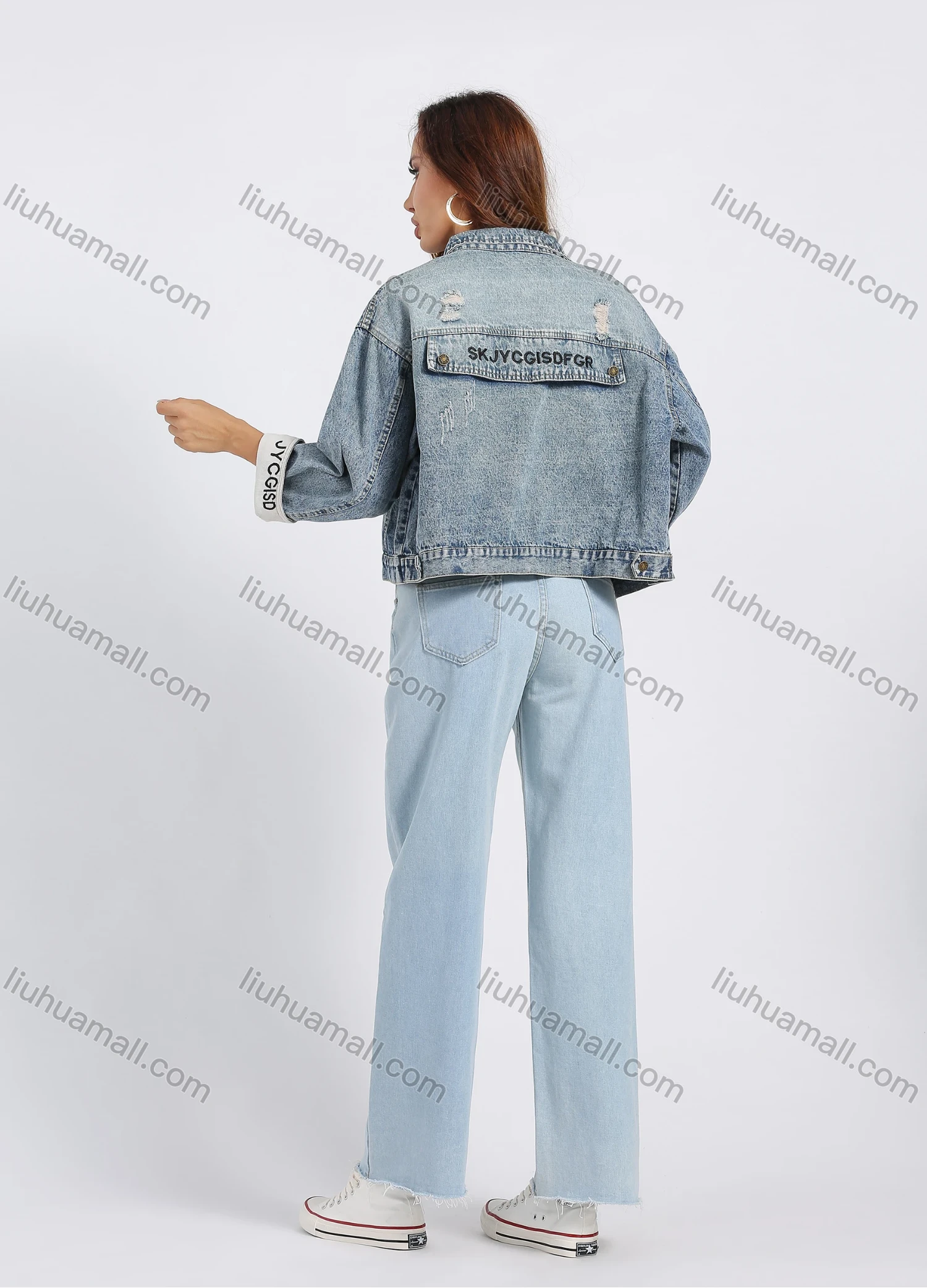 Wholesale Women's Fashion Loose Fit Distressed Button Letter Embroidery Crop Denim Jacket - Liuhuamall
