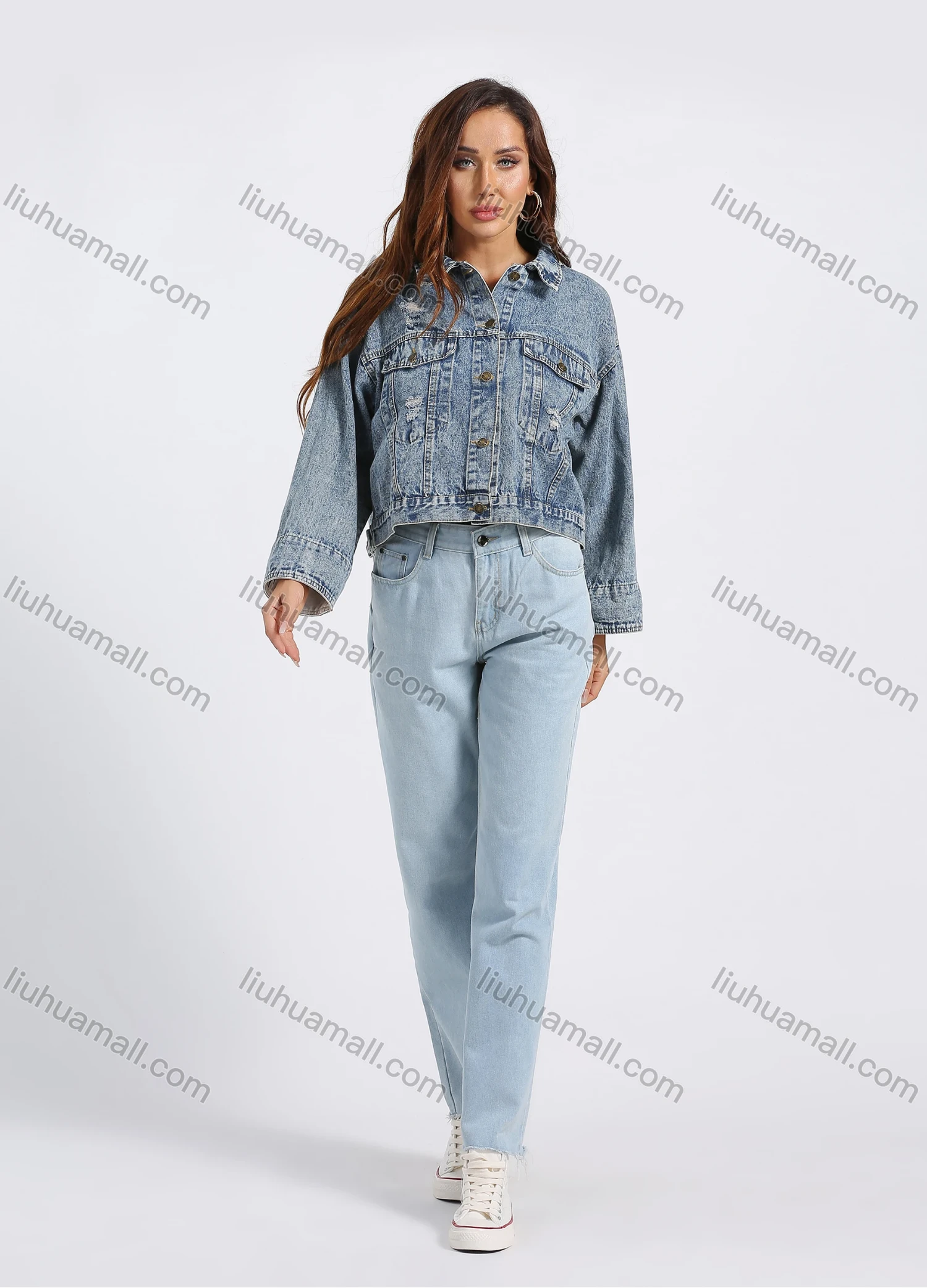 Wholesale Women's Basics High Waist Plain Patch Pocket Wide Leg Jeans - Liuhuamall