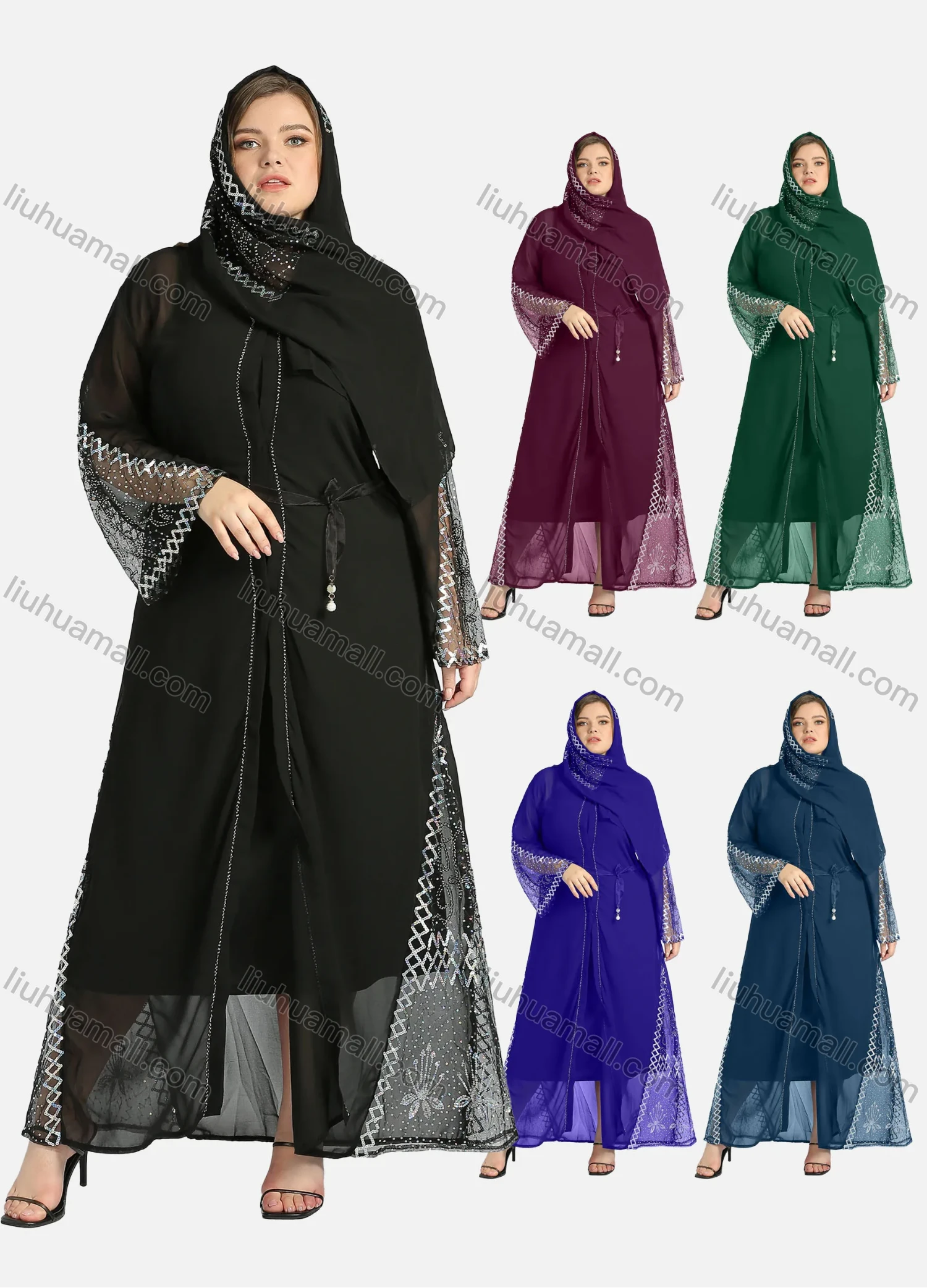 Wholesale Women's Elegant Bell Sleeve Belted Sequin Translucent Cover Up Cardigan With Scarf - Liuhuamall