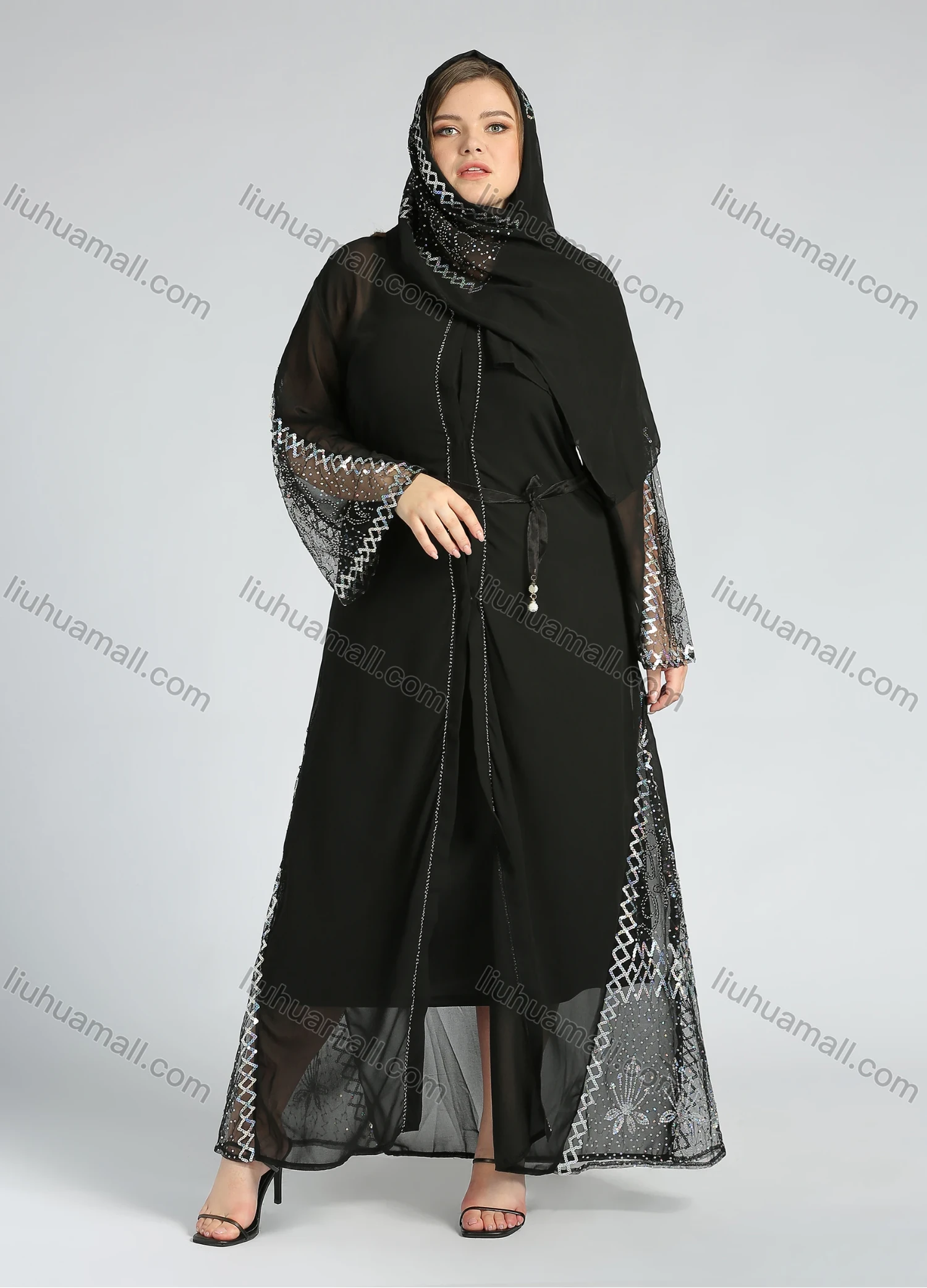 Wholesale Women's Elegant Bell Sleeve Belted Sequin Translucent Cover Up Cardigan With Scarf - Liuhuamall