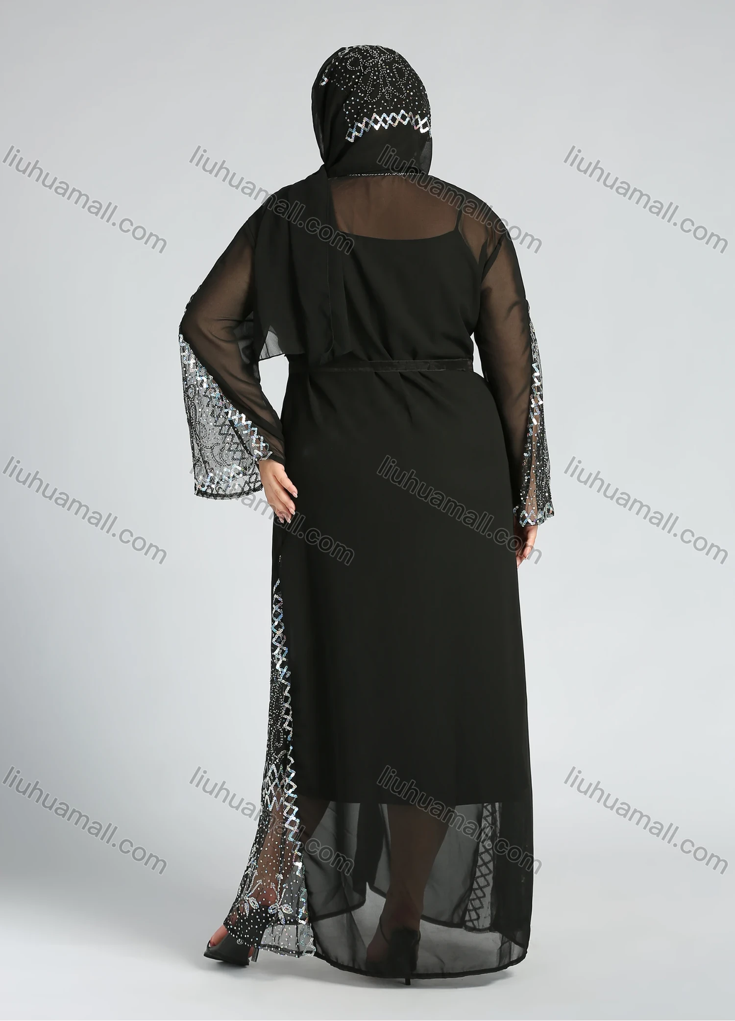 Wholesale Women's Elegant Bell Sleeve Belted Sequin Translucent Cover Up Cardigan With Scarf - Liuhuamall