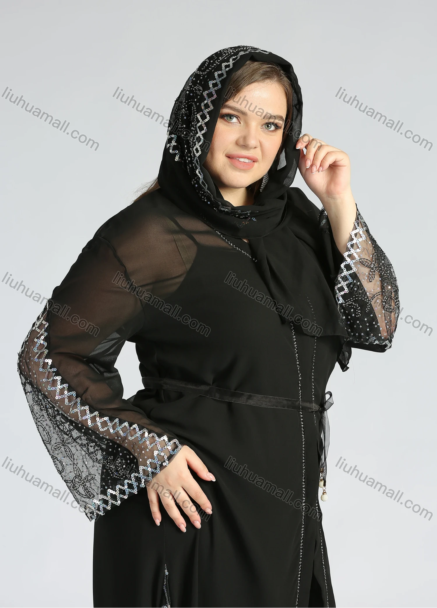 Wholesale Women's Elegant Bell Sleeve Belted Sequin Translucent Cover Up Cardigan With Scarf - Liuhuamall