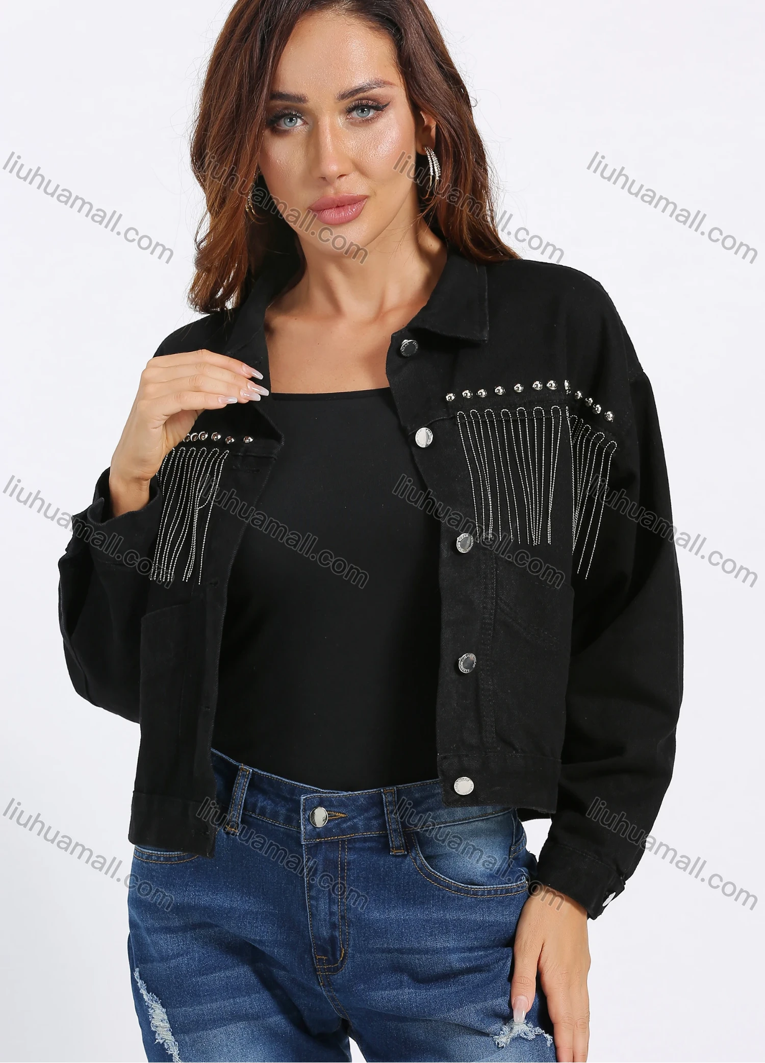 Wholesale Women's Fashion Plain Tassel Rhinestone Rivets Decor Cowgirl Crop Denim Jacket - Liuhuamall