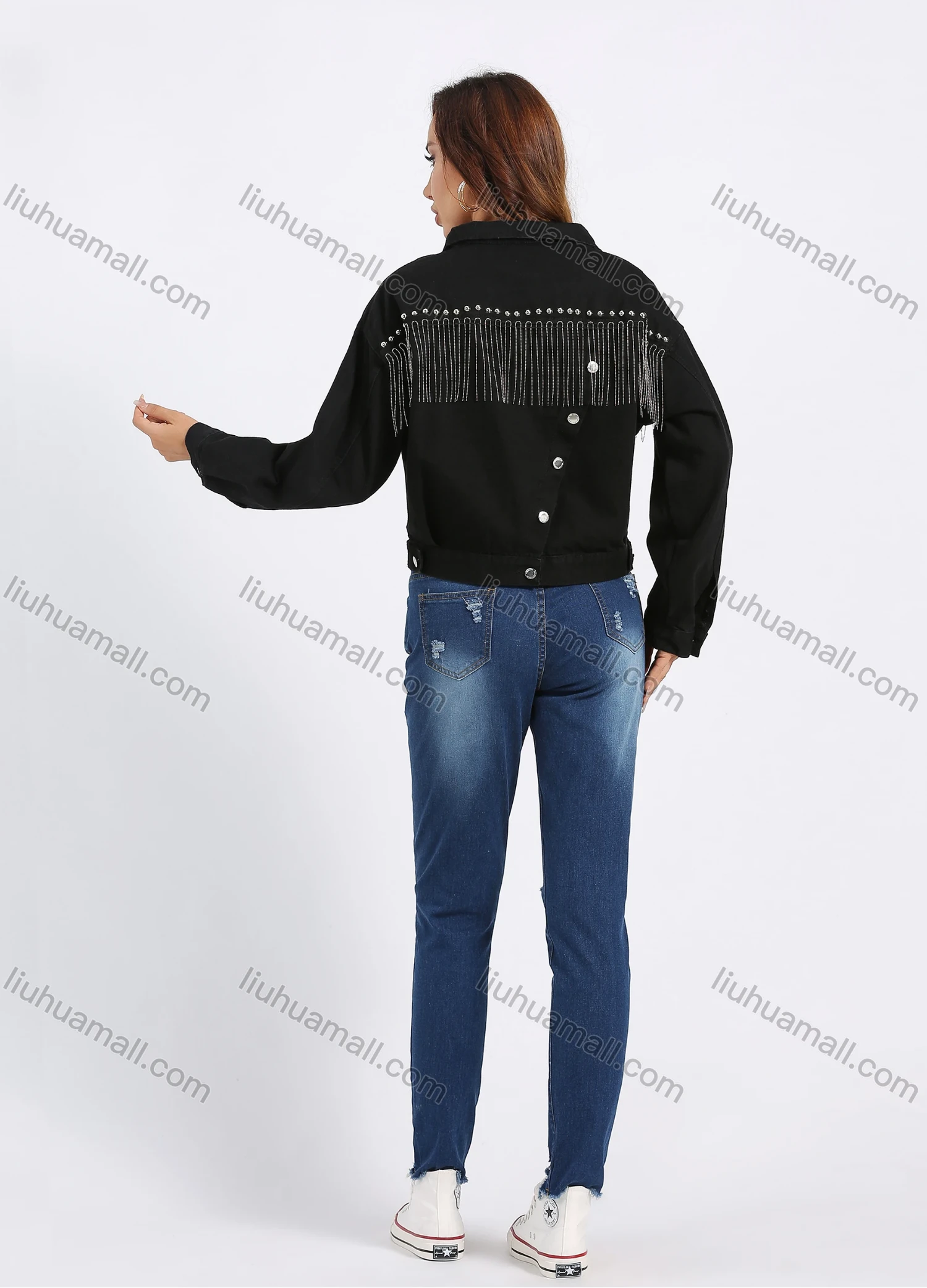 Wholesale Women's Fashion Plain Tassel Rhinestone Rivets Decor Cowgirl Crop Denim Jacket - Liuhuamall