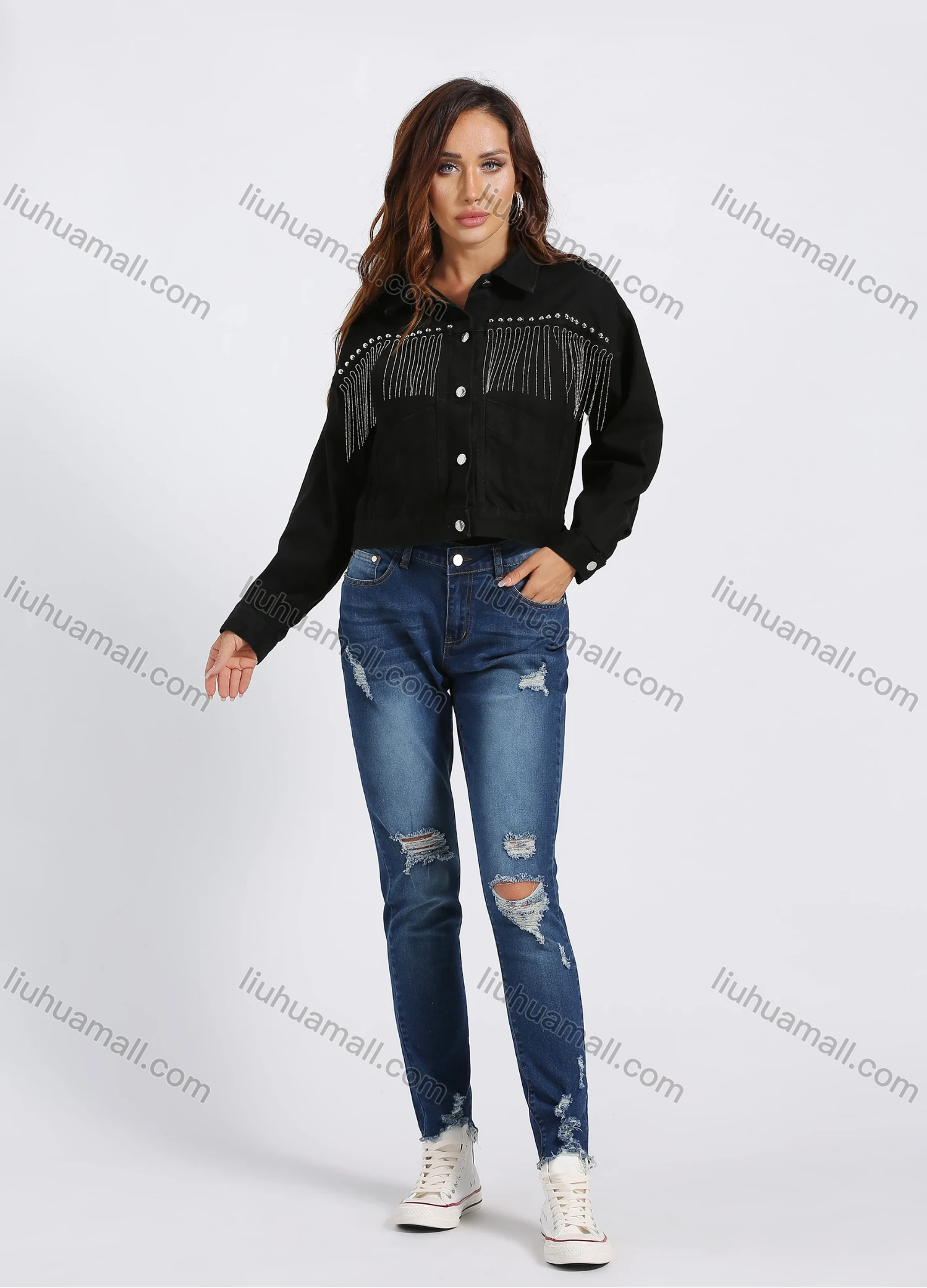 Wholesale Women's Casual Ripped Distressed Patch Pocket High Waist Skinny Jeans - Liuhuamall