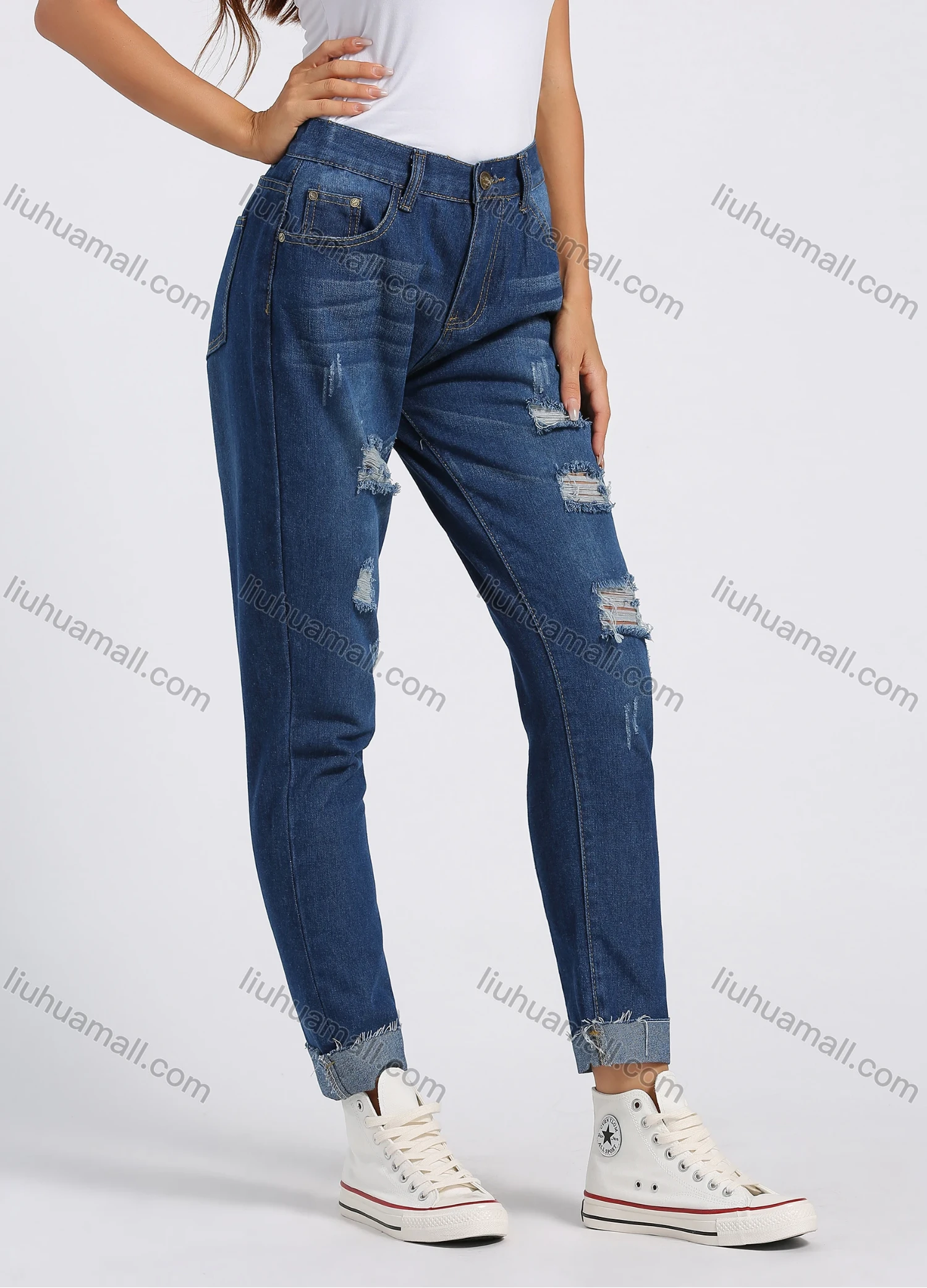 Wholesale Women's Fashion Ripped Distressed Pocket High Waist Slim Fit Jeans - Liuhuamall