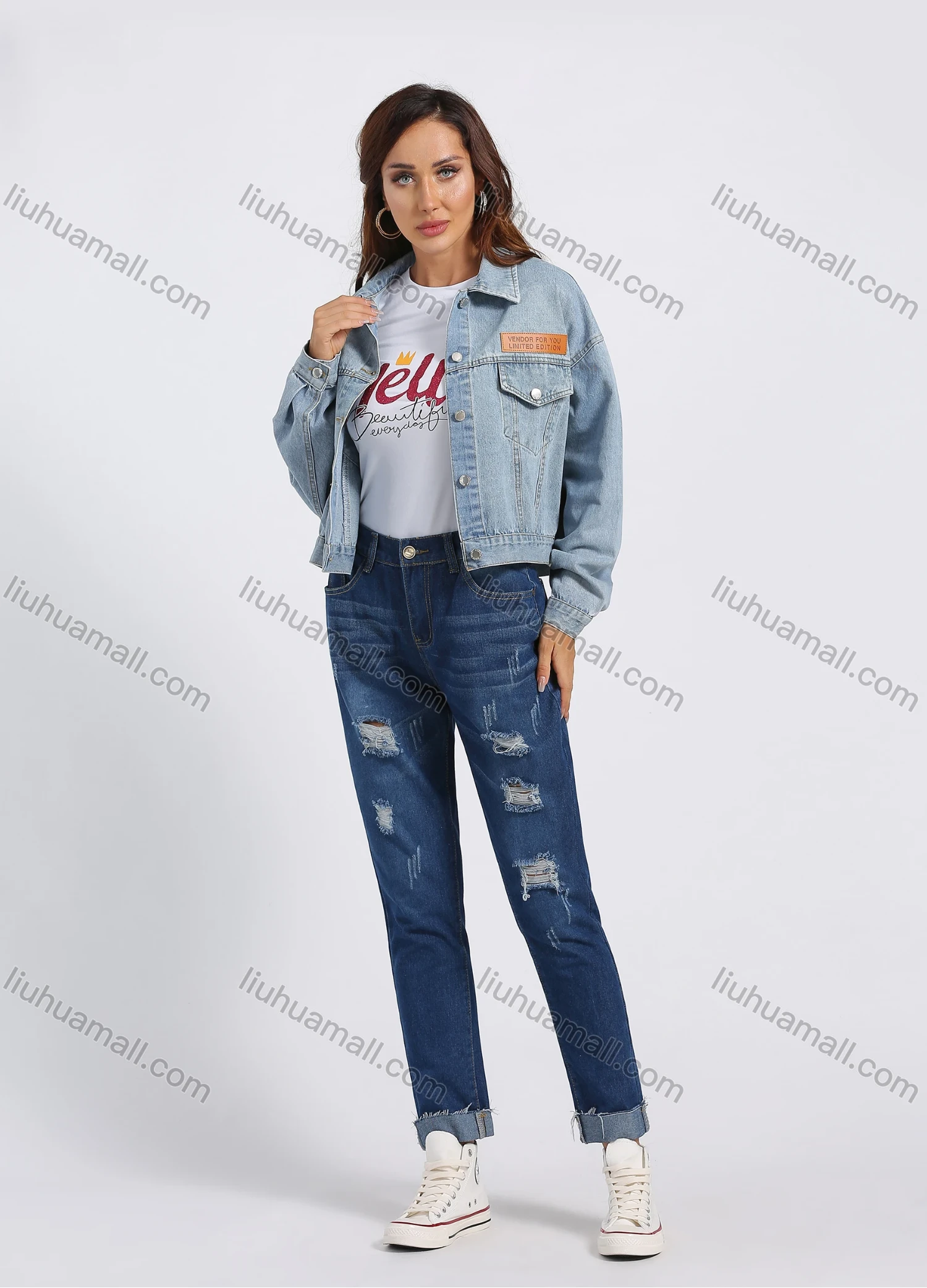 Wholesale Women's Fashion Ripped Distressed Pocket High Waist Slim Fit Jeans - Liuhuamall