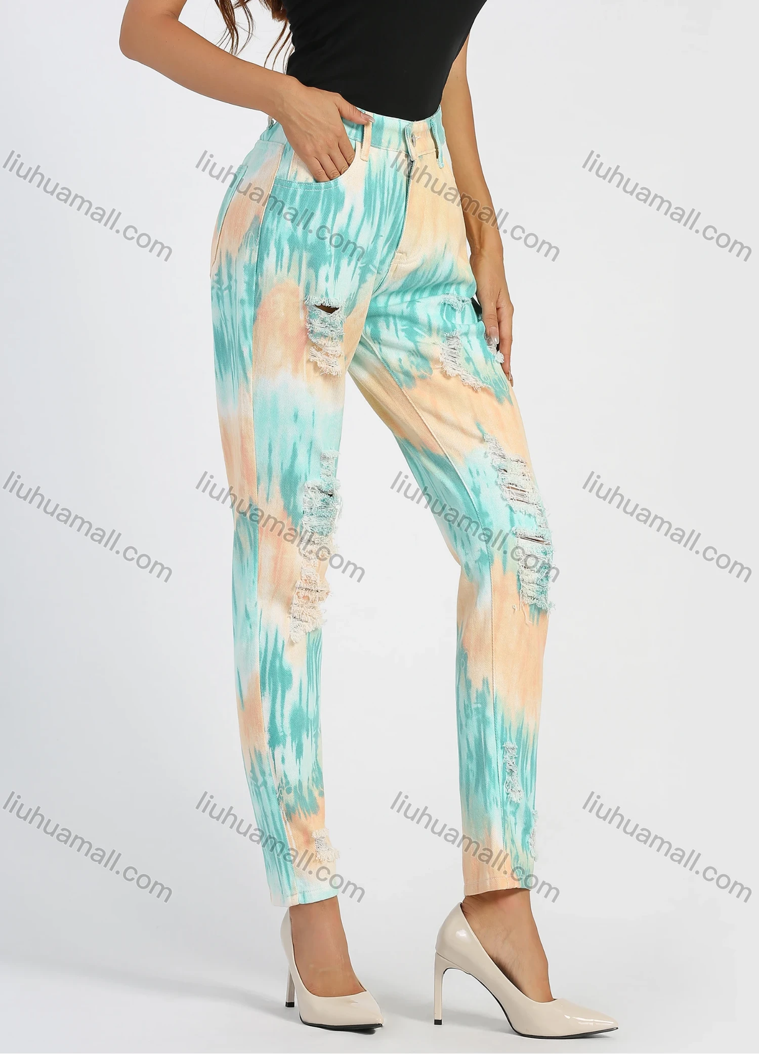 Wholesale Women's High Waist Tie Dye Ripped Distressed Patch Pocket Skinny Pant - Liuhuamall