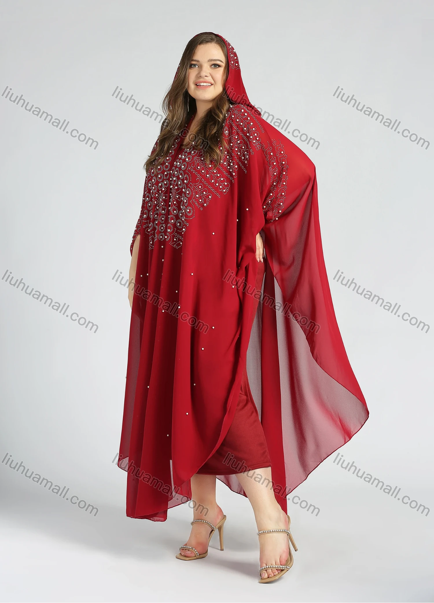 Wholesale Women's Vintage Islamic Muslim V-Neck Arabic Dubai Maxi Asymmetrical Hem Glitter Cover Up Kaftan With Scarf - Liuhuamall
