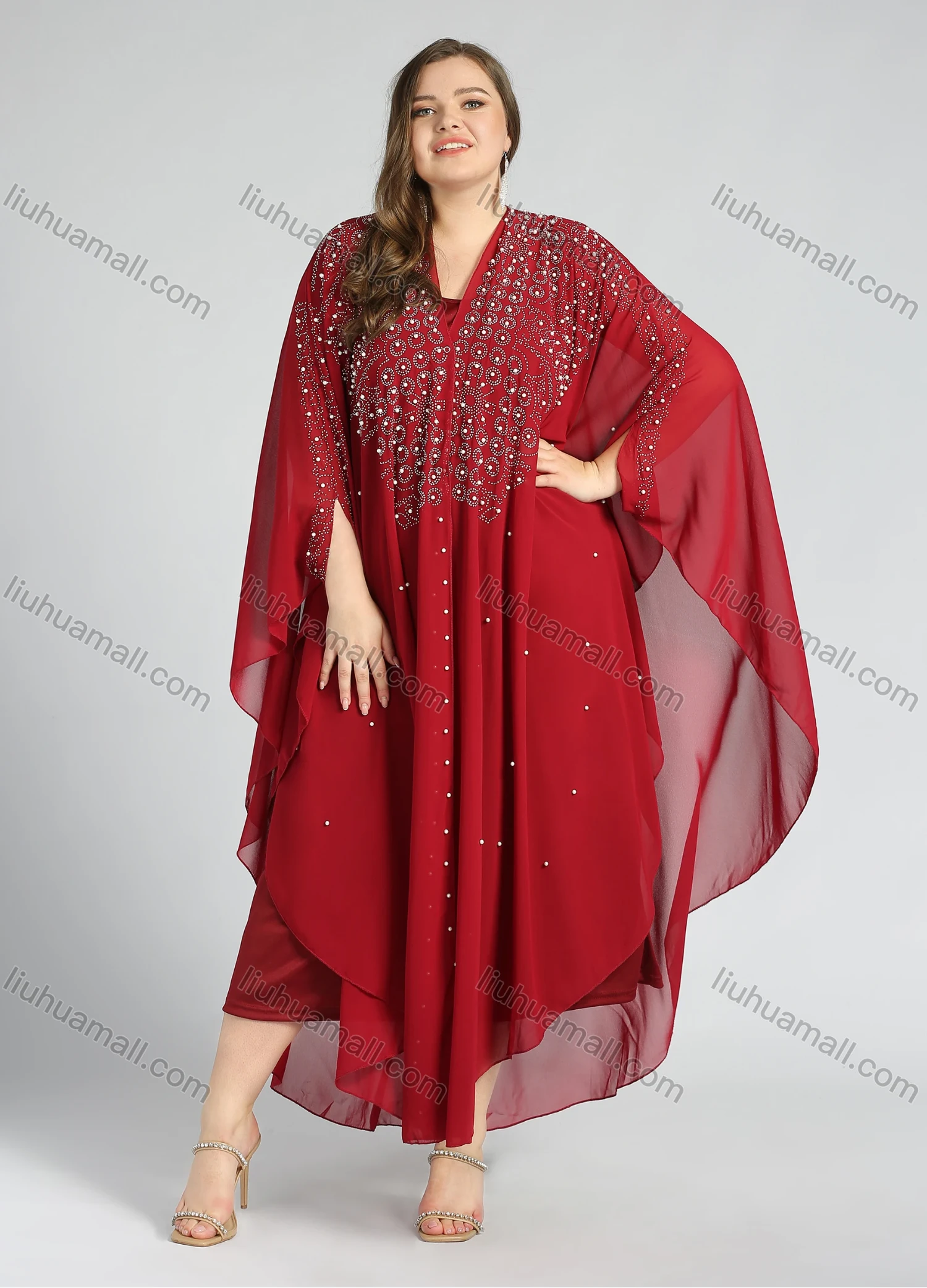 Wholesale Women's Vintage Islamic Muslim V-Neck Arabic Dubai Maxi Asymmetrical Hem Glitter Cover Up Kaftan With Scarf - Liuhuamall