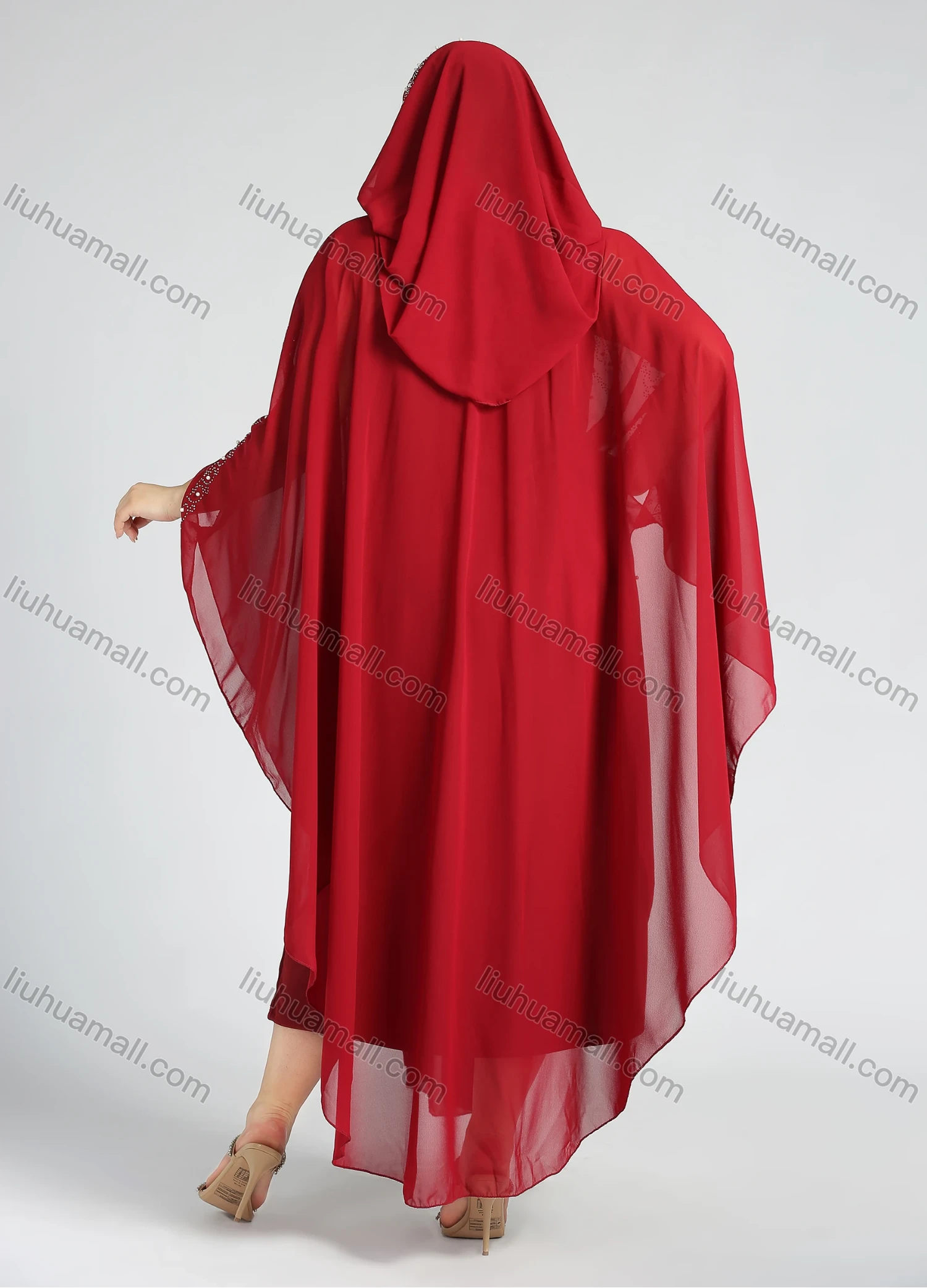 Wholesale Women's Vintage Islamic Muslim V-Neck Arabic Dubai Maxi Asymmetrical Hem Glitter Cover Up Kaftan With Scarf - Liuhuamall