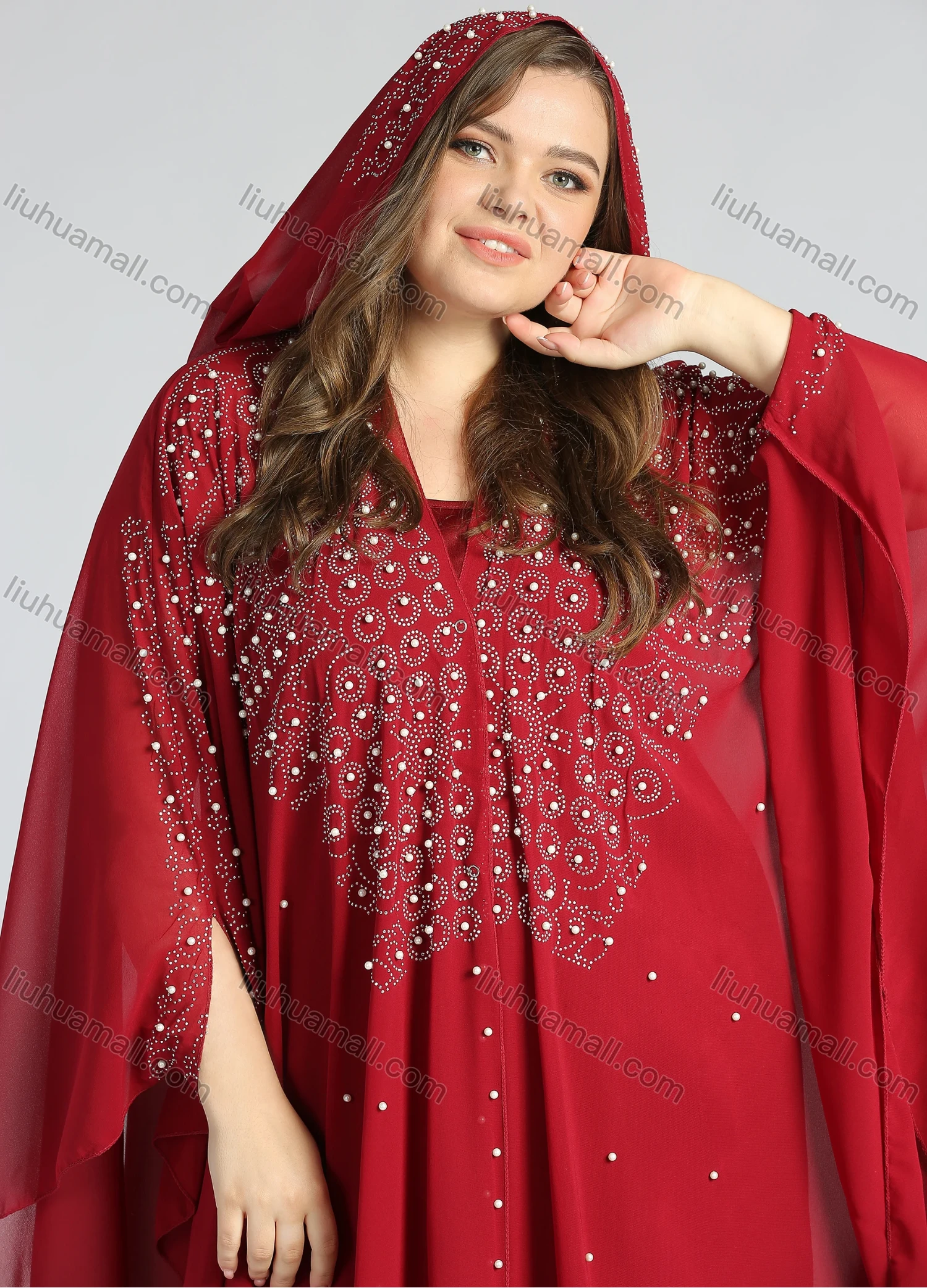 Wholesale Women's Vintage Islamic Muslim V-Neck Arabic Dubai Maxi Asymmetrical Hem Glitter Cover Up Kaftan With Scarf - Liuhuamall