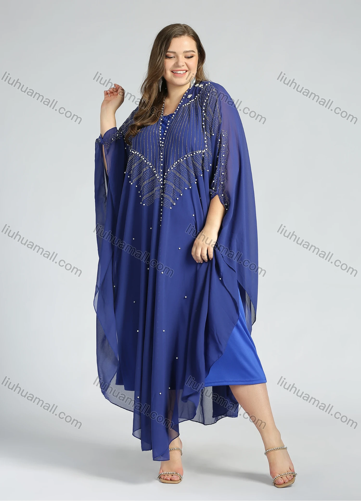 Wholesale Women's Islamic Muslim V-Neck Long Sleeve Arabic Dubai Rhinestone Cover Up Modest Pearl Decor Cloak With Scarf - Liuhuamall