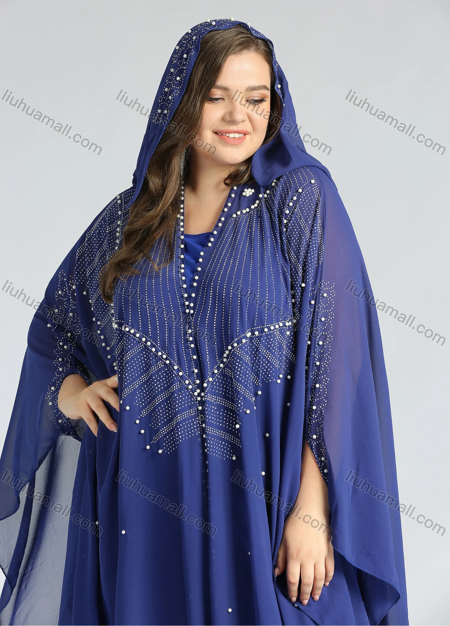 Wholesale Women's Islamic Muslim V-Neck Long Sleeve Arabic Dubai Rhinestone Cover Up Modest Pearl Decor Cloak With Scarf - Liuhuamall