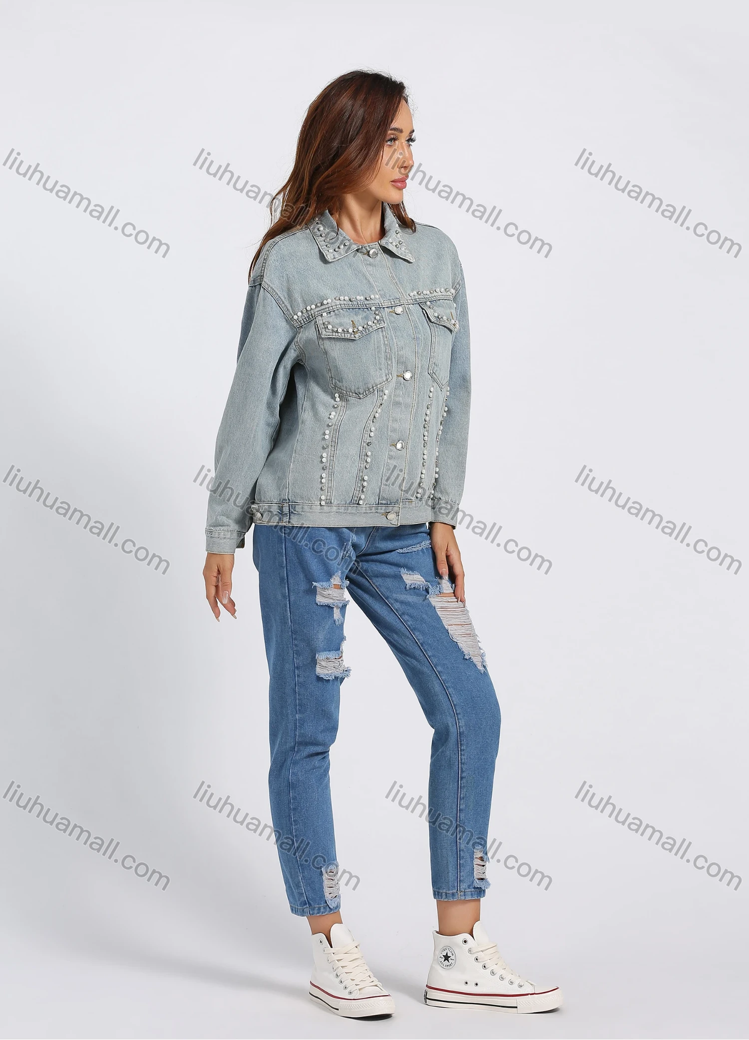 Wholesale Women's Fashion Pearl Decor Button Front Rhinestone Long Sleeve Denim Jacket - Liuhuamall