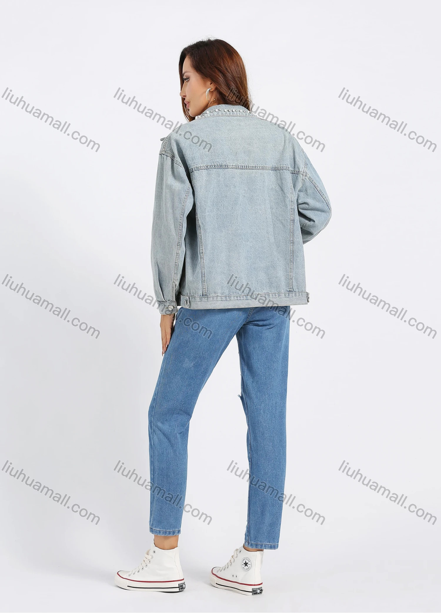 Wholesale Women's Fashion Pearl Decor Button Front Rhinestone Long Sleeve Denim Jacket - Liuhuamall