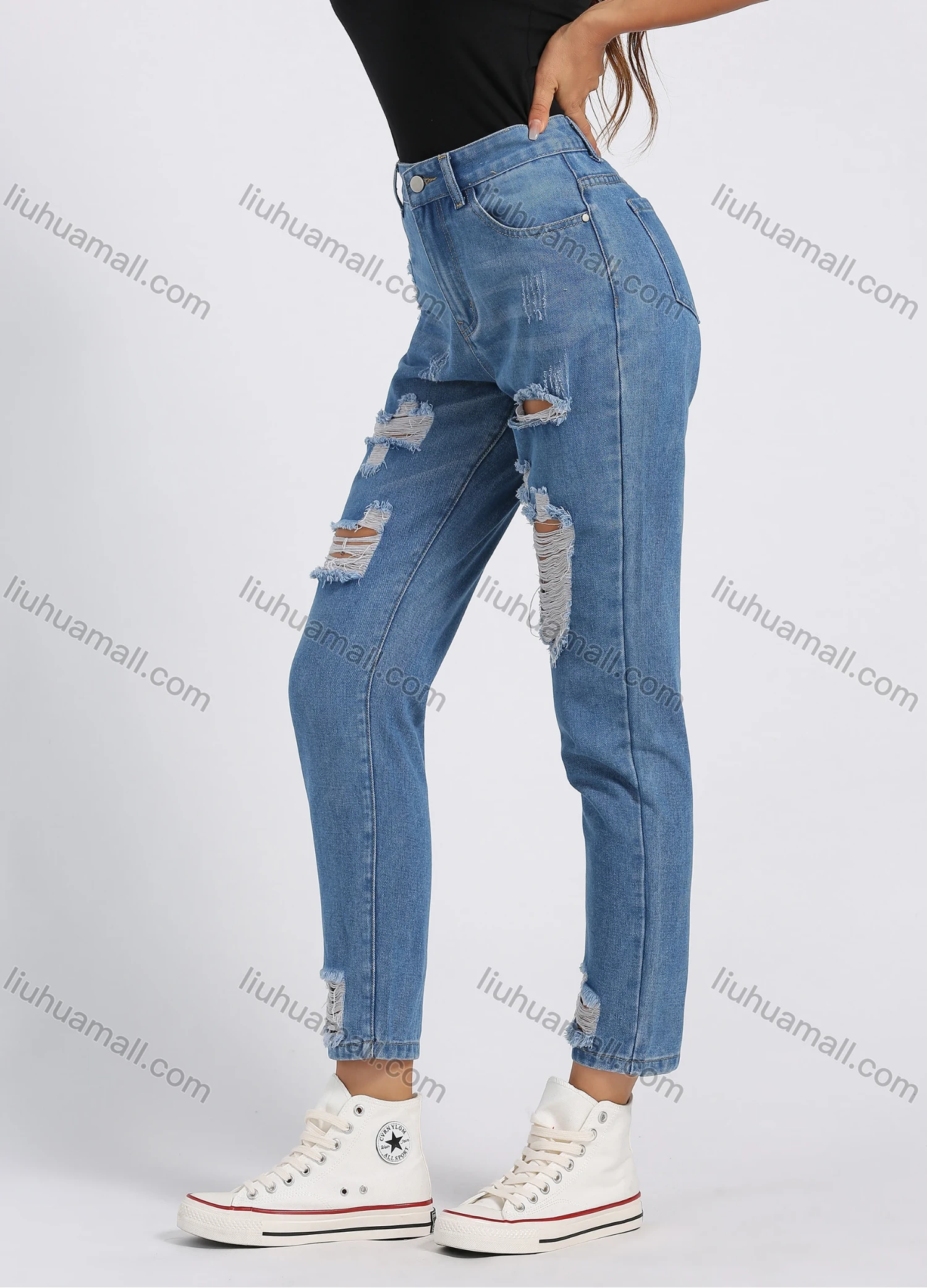 Wholesale Women's Fashion Ripped Distressed Patch Pocket High Waist Skinny Jeans - Liuhuamall
