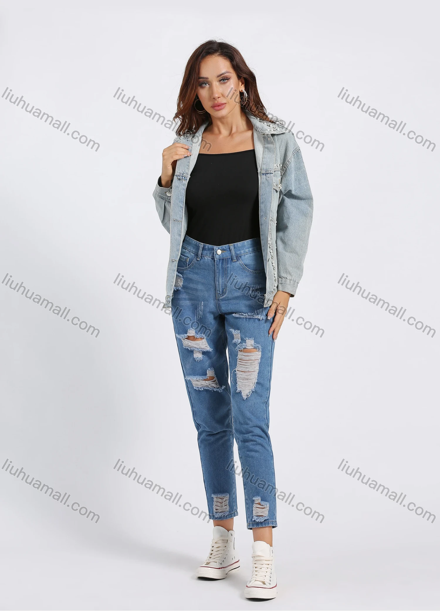 Wholesale Women's Fashion Ripped Distressed Patch Pocket High Waist Skinny Jeans - Liuhuamall