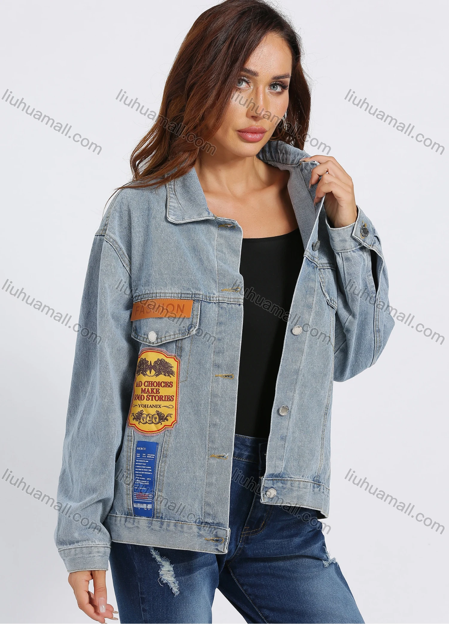 Wholesale Women's Graphic Boy Friend Loose Fit Label Drop Shoulder Flap Pockets Button Front Denim Jacket - Liuhuamall