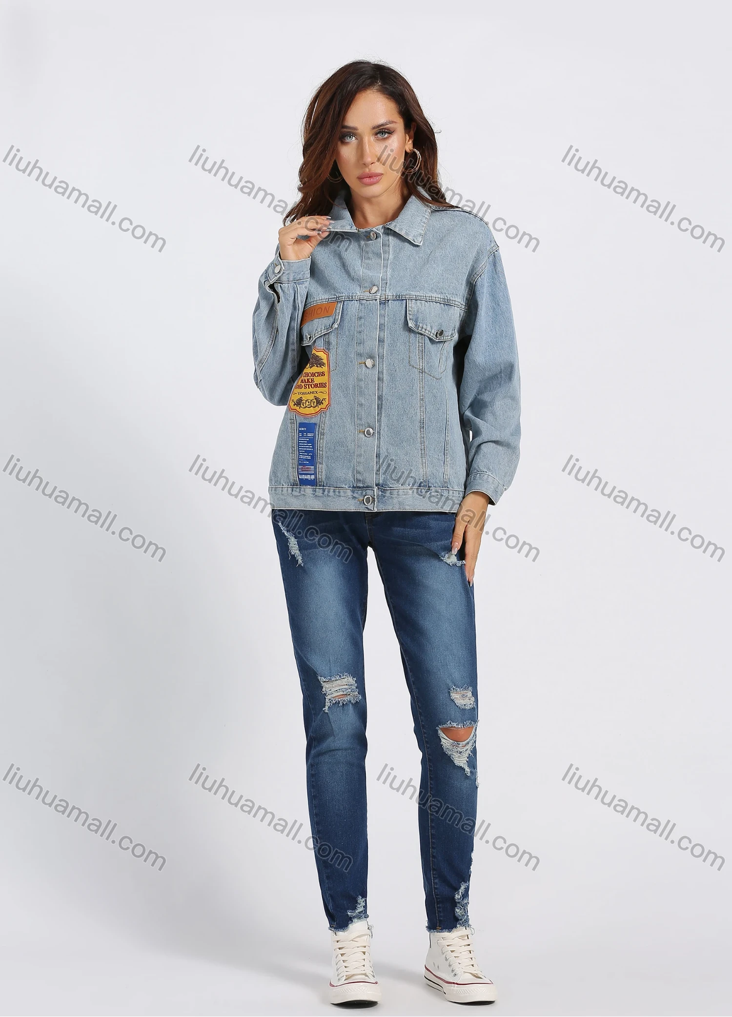 Wholesale Women's Graphic Boy Friend Loose Fit Label Drop Shoulder Flap Pockets Button Front Denim Jacket - Liuhuamall