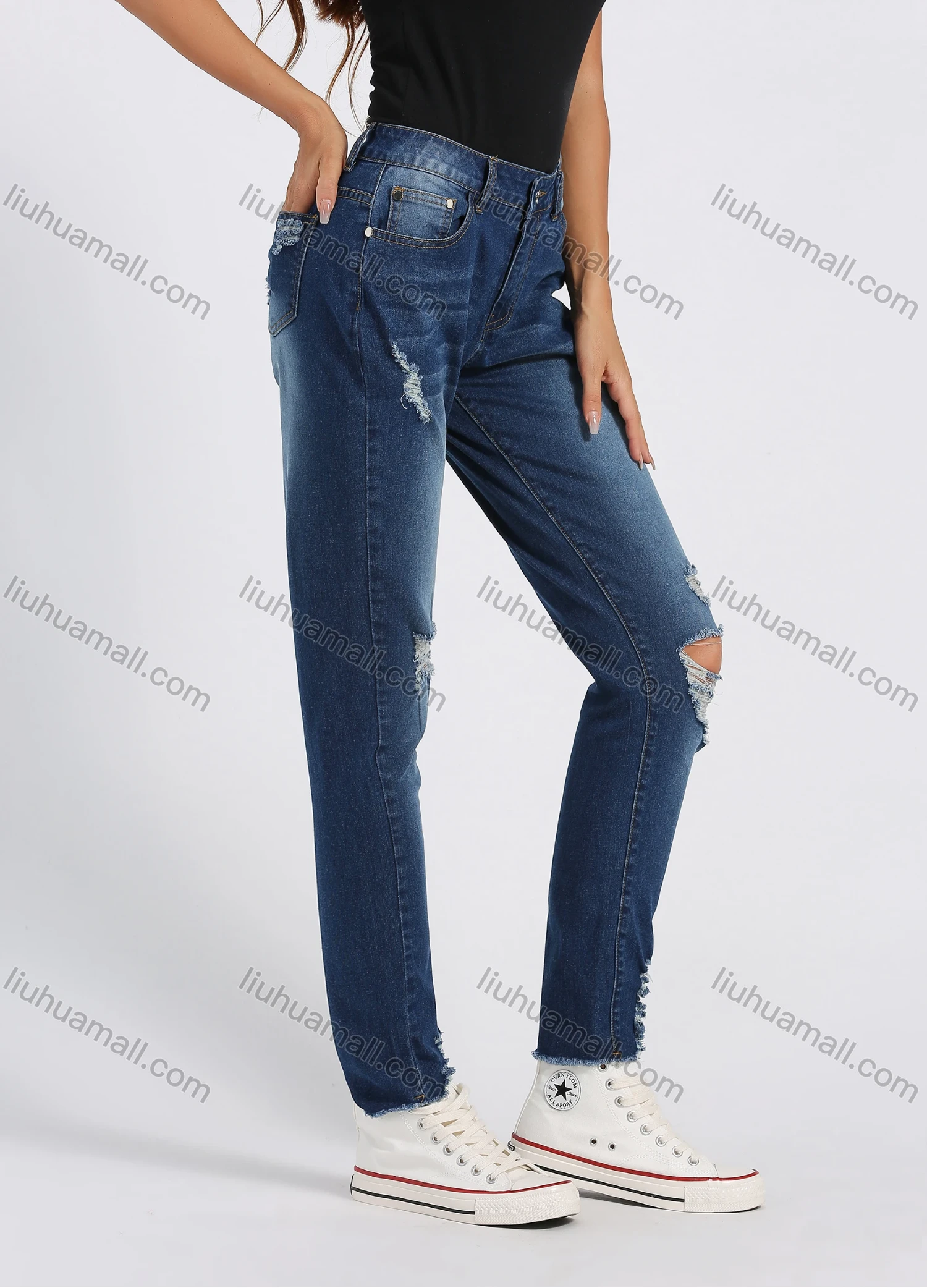 Wholesale Women's Fashion Ripped Distressed Patch Pocket High Waist Wash Slim Fit Jeans - Liuhuamall