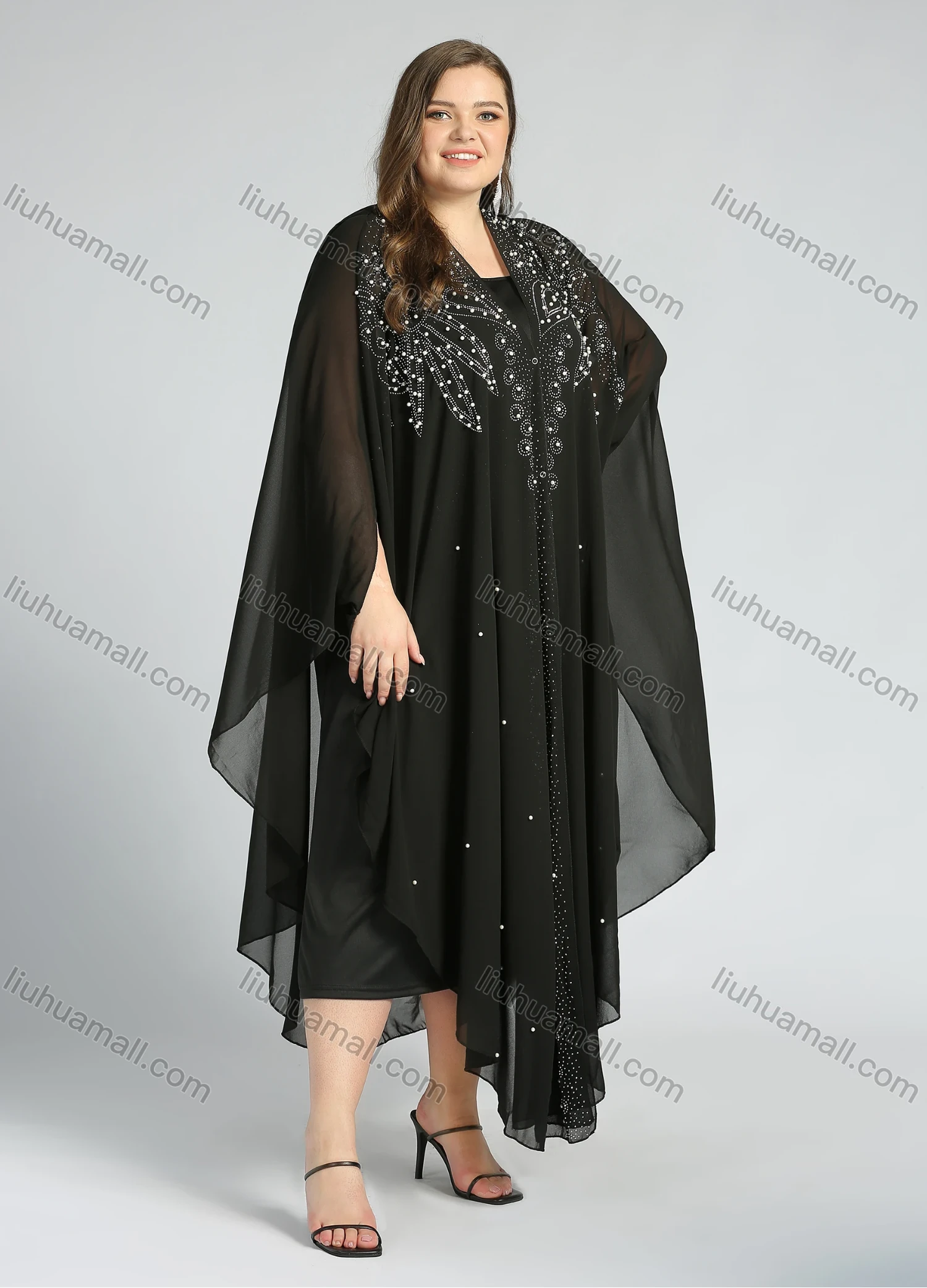 Wholesale Women's Arabic Dubai V Neck Glamorous Rhinestone Muslim Islamic Cover Up Cardigan With Scarf - Liuhuamall