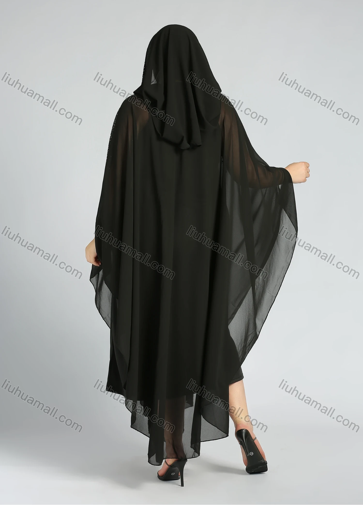 Wholesale Women's Arabic Dubai V Neck Glamorous Rhinestone Muslim Islamic Cover Up Cardigan With Scarf - Liuhuamall