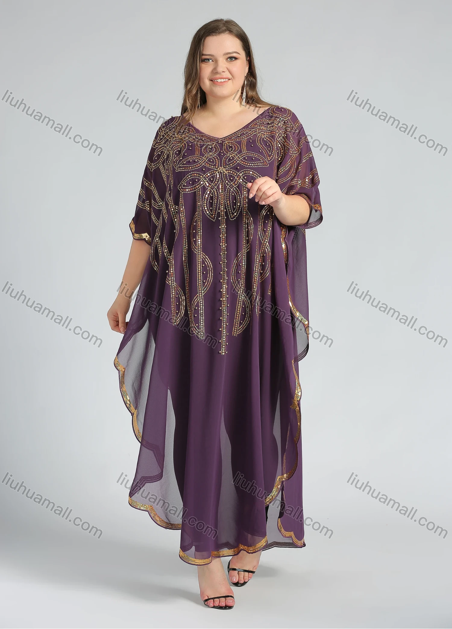 Wholesale Women's Arabic Dubai VNeck Half Sleeve Muslim Islamic Seuqin Maxi Cover Up Dress - Liuhuamall
