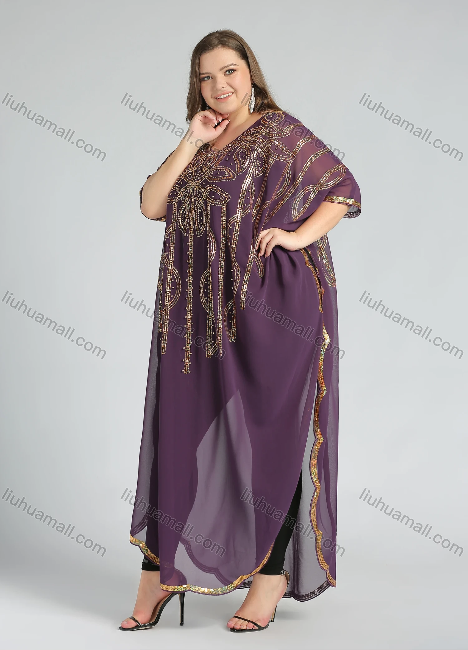 Wholesale Women's Arabic Dubai VNeck Half Sleeve Muslim Islamic Seuqin Maxi Cover Up Dress - Liuhuamall