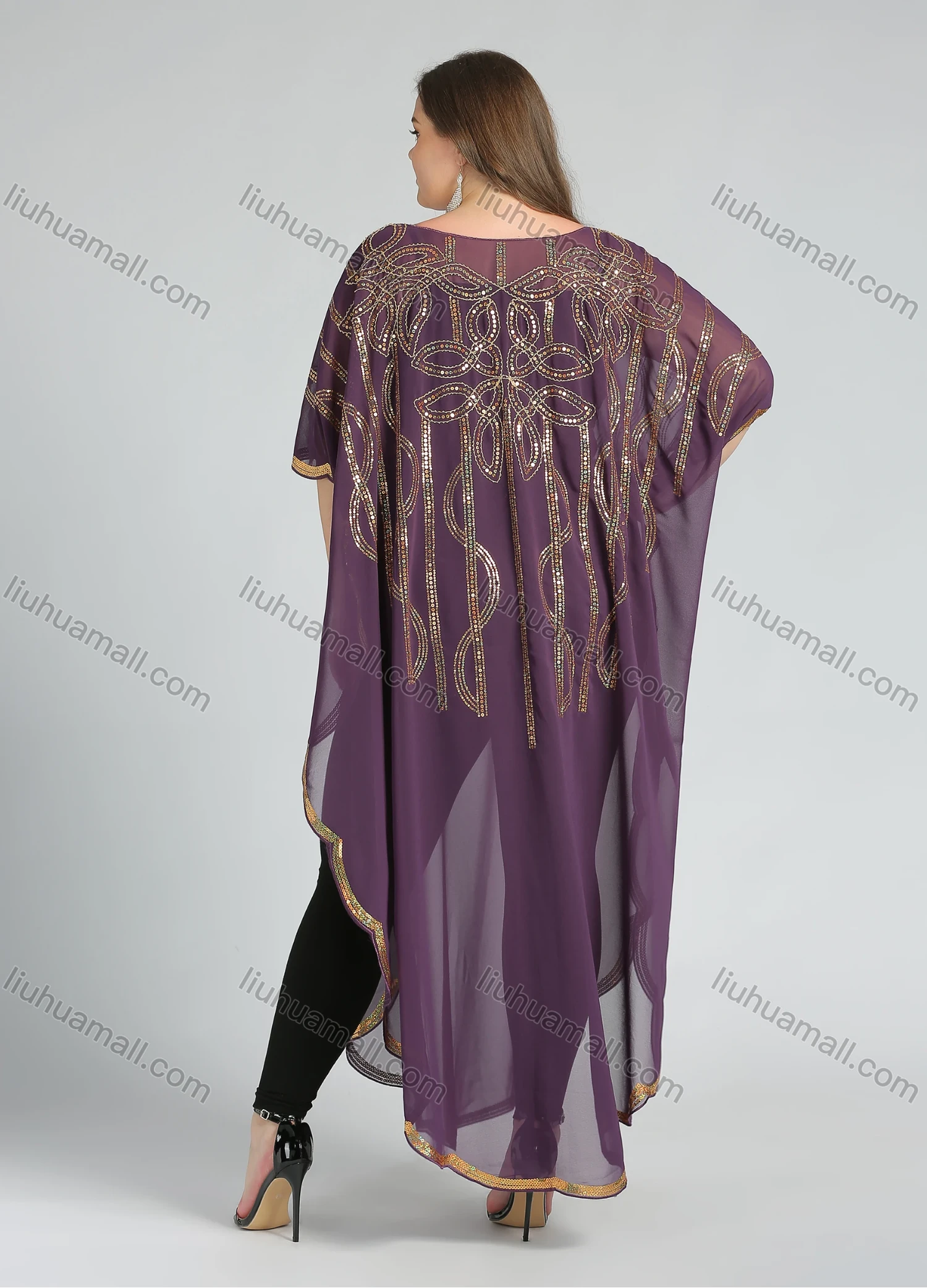 Wholesale Women's Arabic Dubai VNeck Half Sleeve Muslim Islamic Seuqin Maxi Cover Up Dress - Liuhuamall