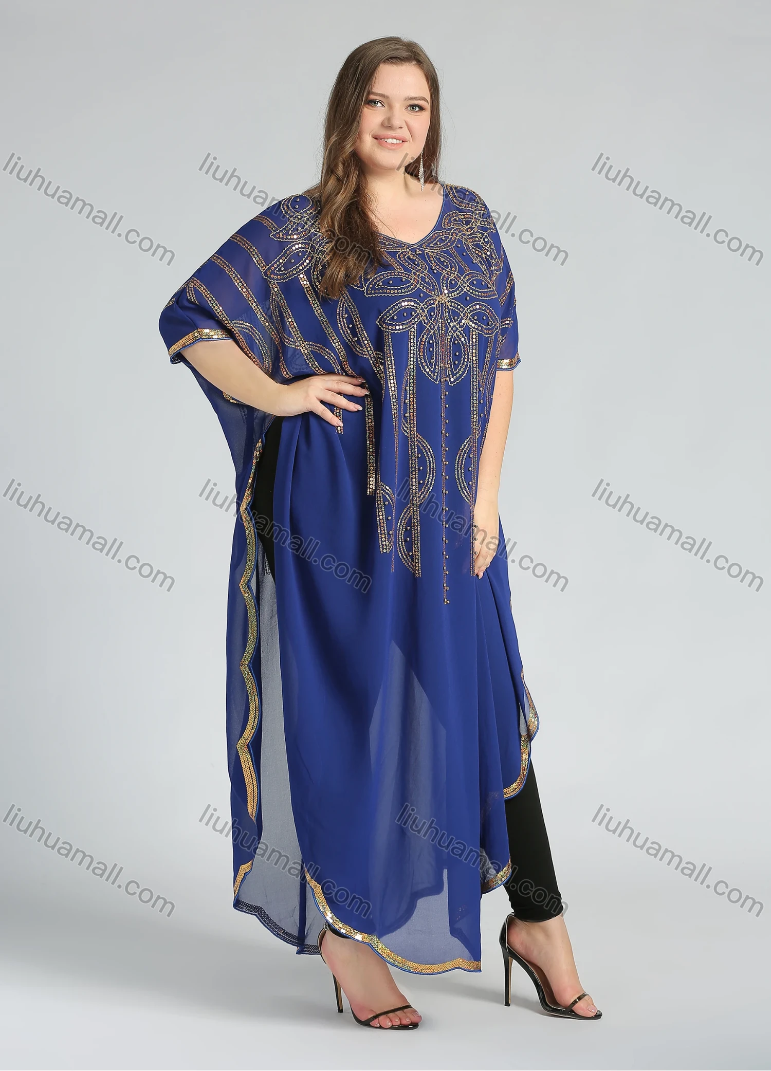 Wholesale Women's Arabic Dubai VNeck Half Sleeve Muslim Islamic Seuqin Maxi Cover Up Dress - Liuhuamall