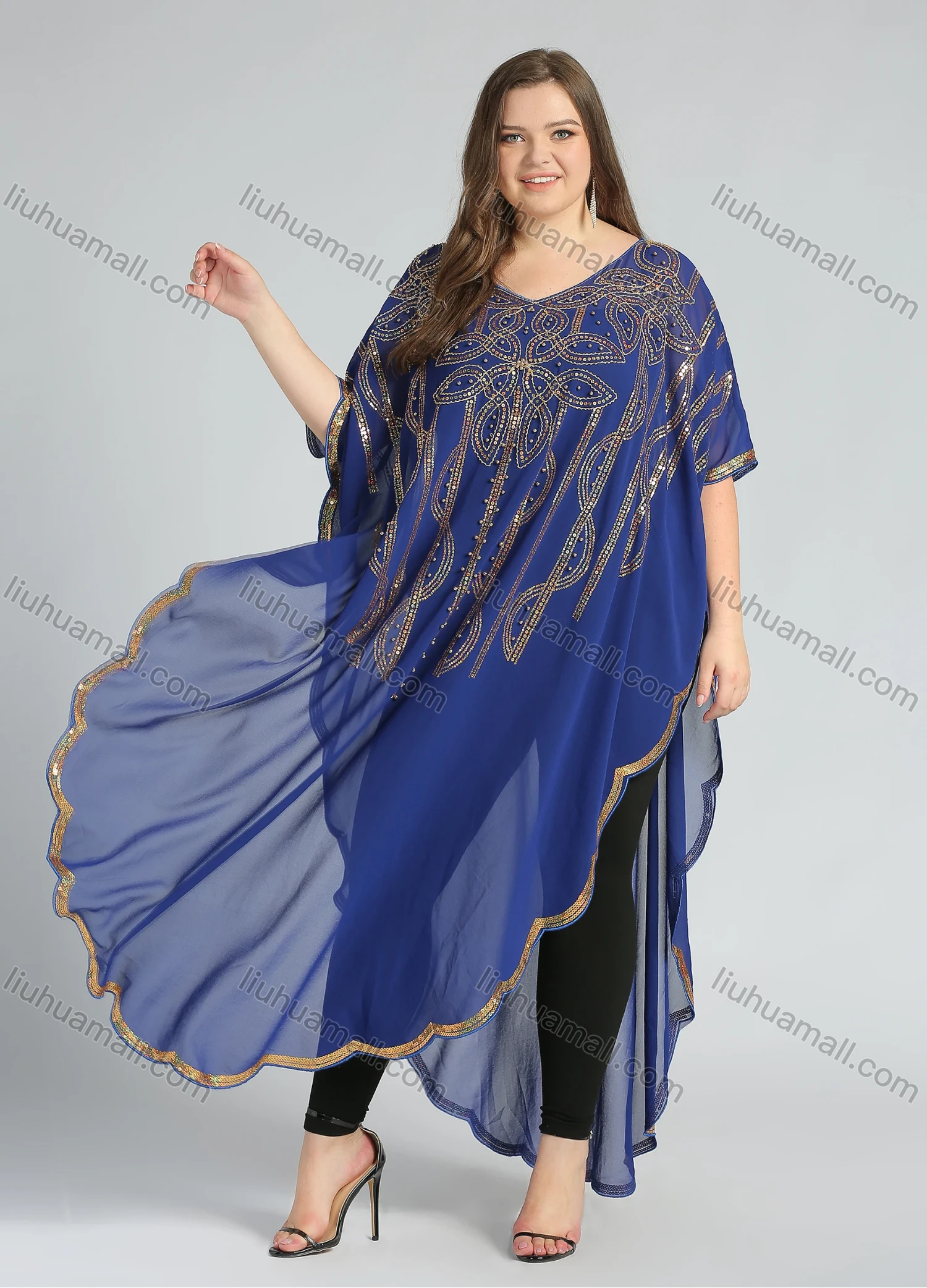 Wholesale Women's Arabic Dubai VNeck Half Sleeve Muslim Islamic Seuqin Maxi Cover Up Dress - Liuhuamall