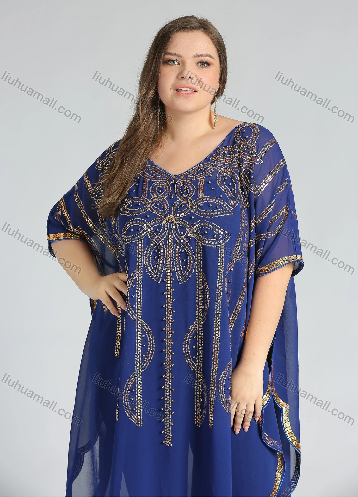 Wholesale Women's Arabic Dubai VNeck Half Sleeve Muslim Islamic Seuqin Maxi Cover Up Dress - Liuhuamall