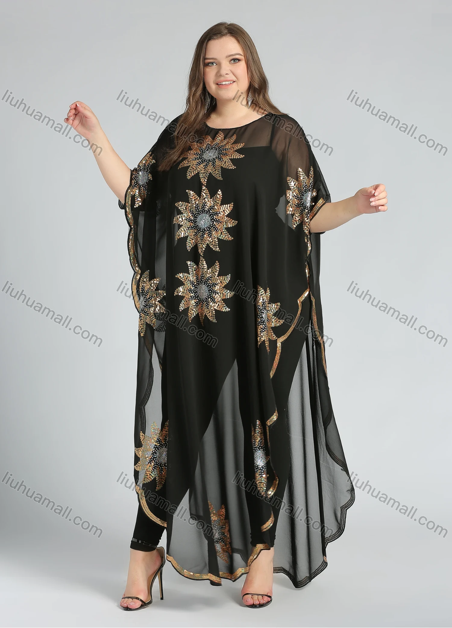 Wholesale Women's Arabic Dubai Glamorous Round Neck Half Sleeve Muslim Islamic Floral Sequin Glitter Cover Up Cloak - Liuhuamall