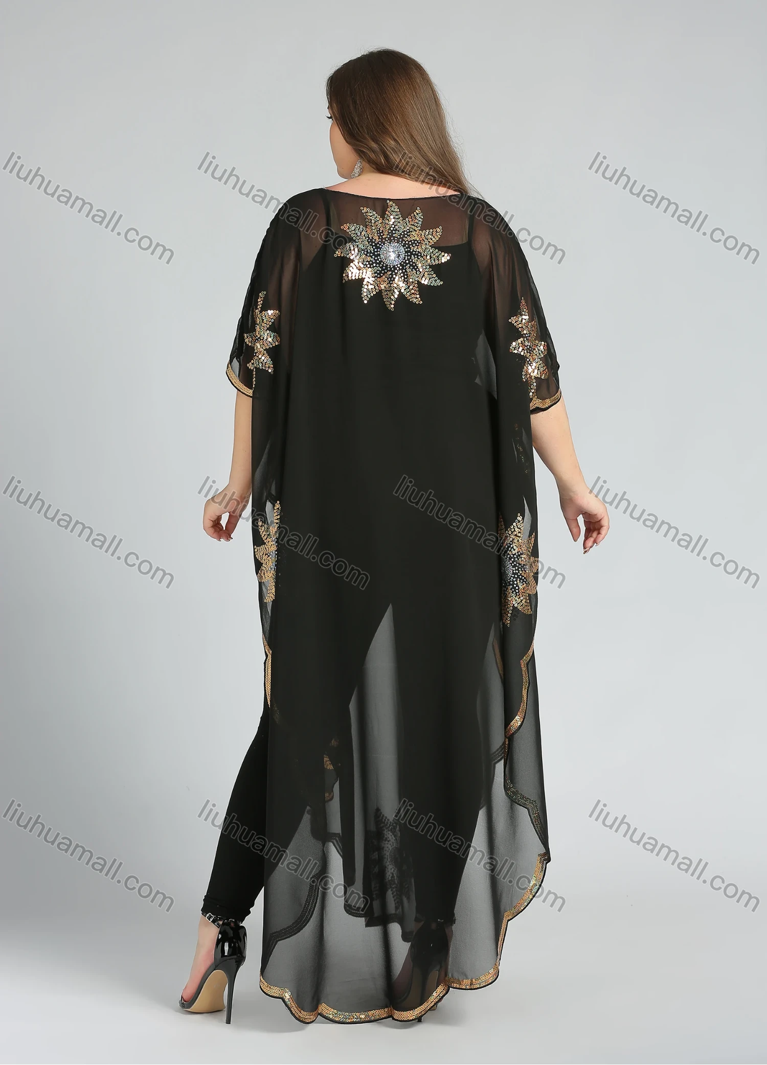 Wholesale Women's Arabic Dubai Glamorous Round Neck Half Sleeve Muslim Islamic Floral Sequin Glitter Cover Up Cloak - Liuhuamall