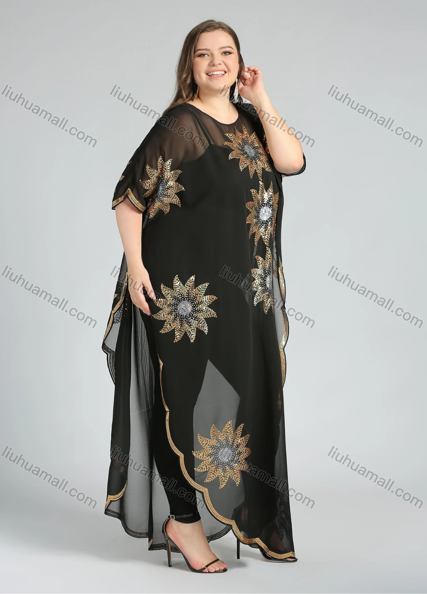 Wholesale Women's Arabic Dubai Glamorous Round Neck Half Sleeve Muslim Islamic Floral Sequin Glitter Cover Up Cloak - Liuhuamall