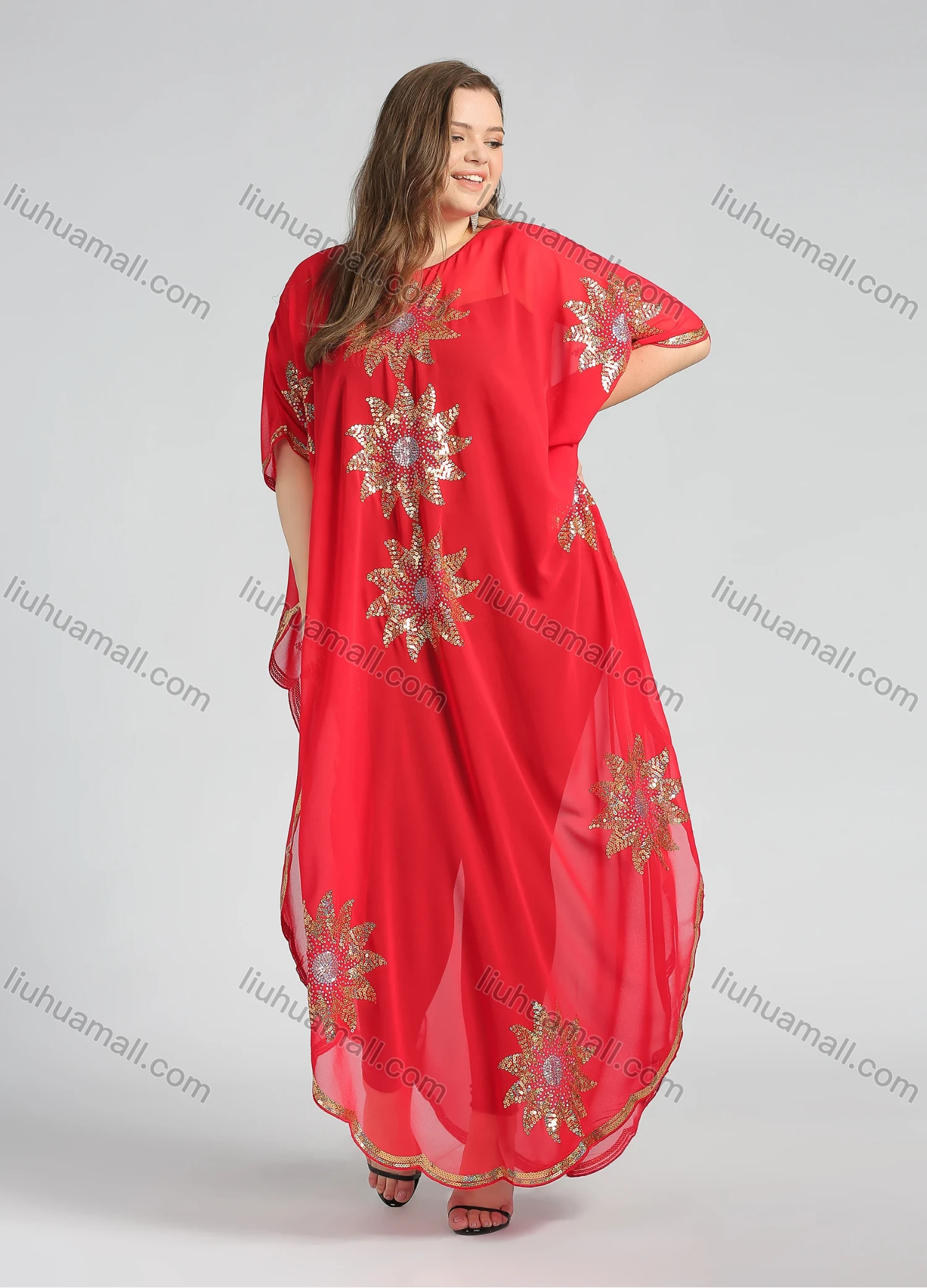 Wholesale Women's Arabic Dubai Glamorous Round Neck Half Sleeve Muslim Islamic Floral Sequin Glitter Cover Up Cloak - Liuhuamall