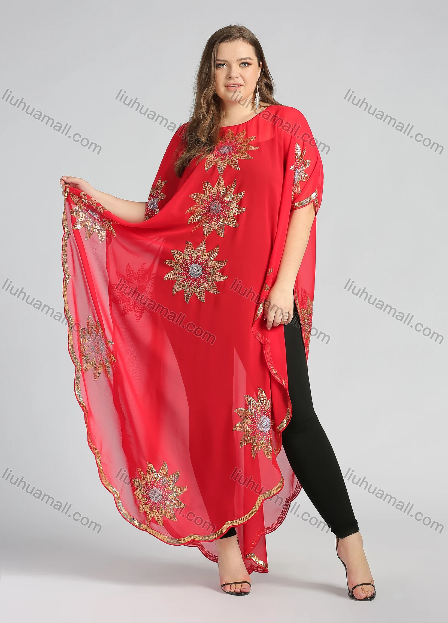 Wholesale Women's Arabic Dubai Glamorous Round Neck Half Sleeve Muslim Islamic Floral Sequin Glitter Cover Up Cloak - Liuhuamall
