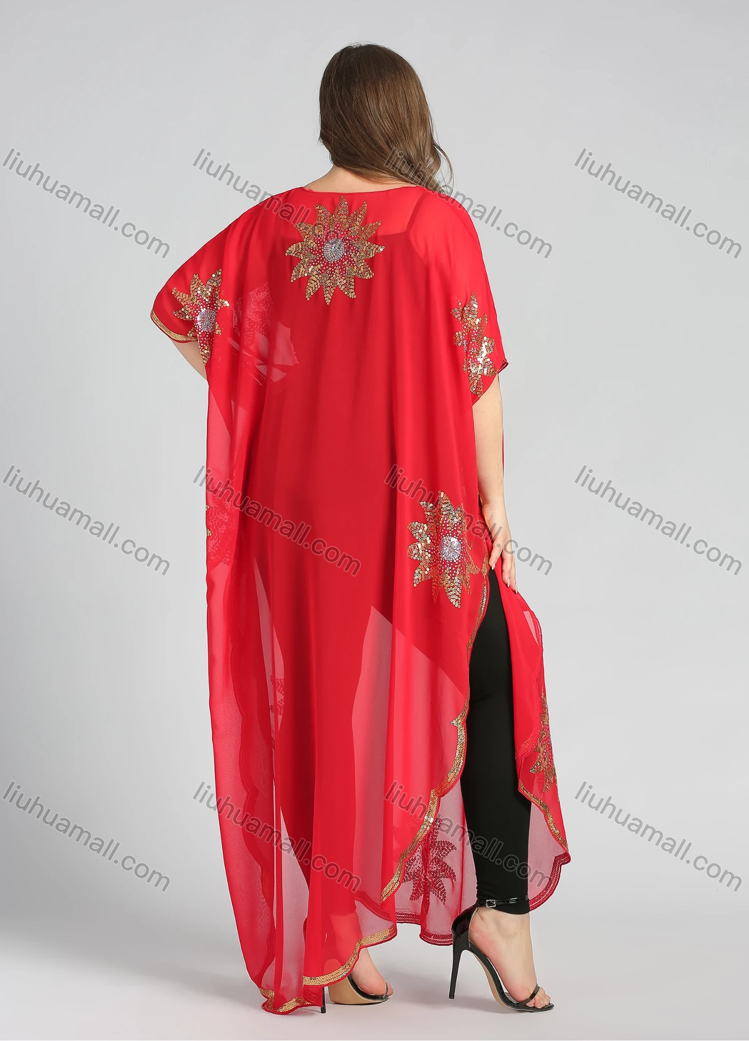 Wholesale Women's Arabic Dubai Glamorous Round Neck Half Sleeve Muslim Islamic Floral Sequin Glitter Cover Up Cloak - Liuhuamall