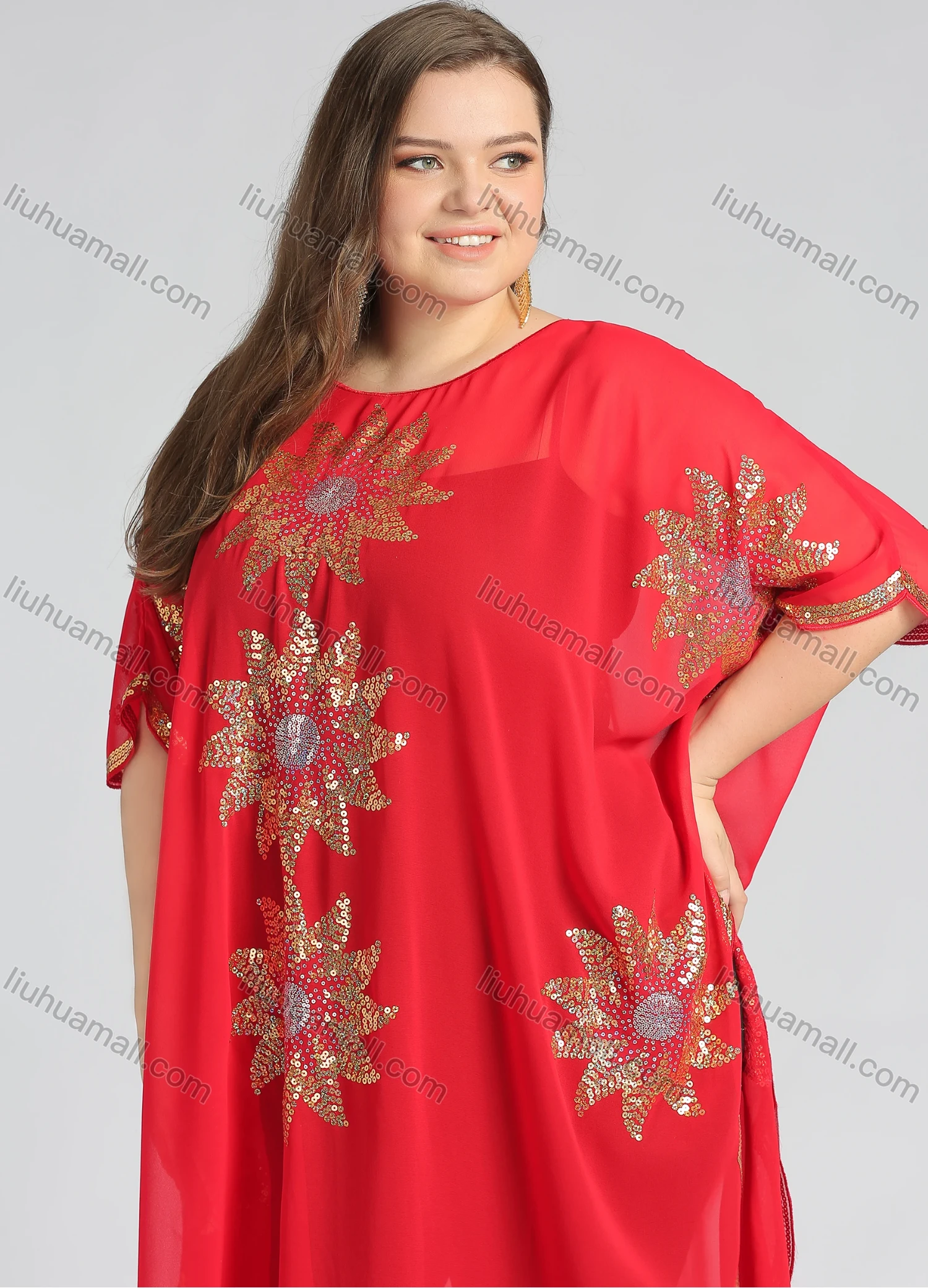 Wholesale Women's Arabic Dubai Glamorous Round Neck Half Sleeve Muslim Islamic Floral Sequin Glitter Cover Up Cloak - Liuhuamall