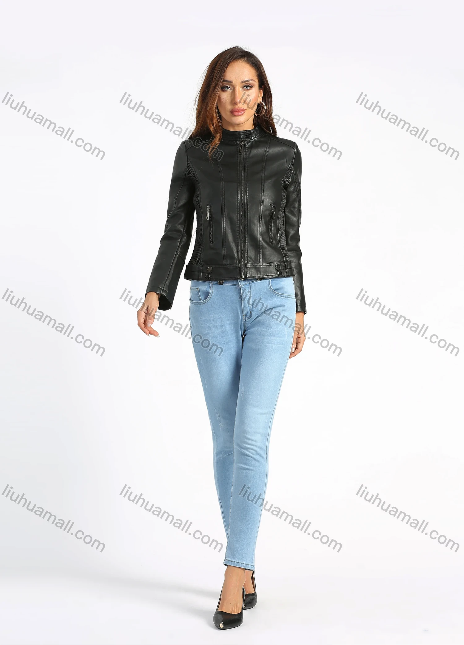 Wholesale Women's Stand Collar PU Leather Zipper Pockets Crop Leather Jacket - Liuhuamall